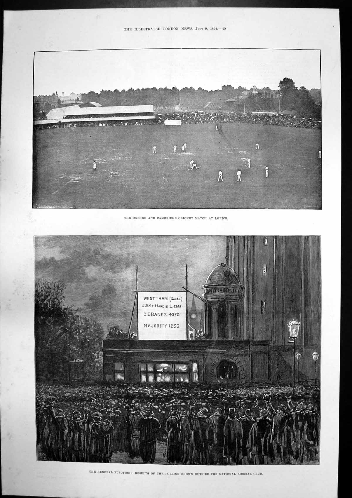 Old Print General Election Results Liberal Club Garden Party London 1892 19th