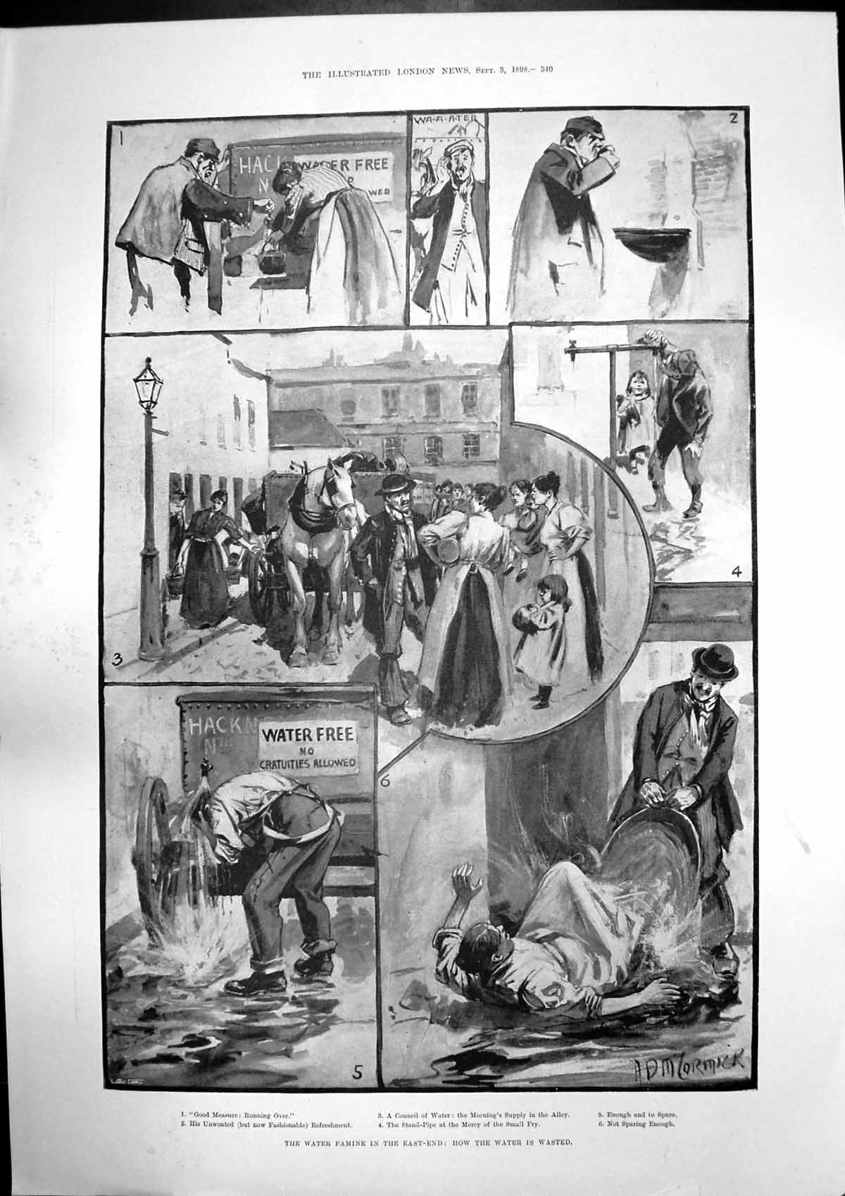 Antique Old Print Water Famine East End Monument Engine Driver Fenwick 1898