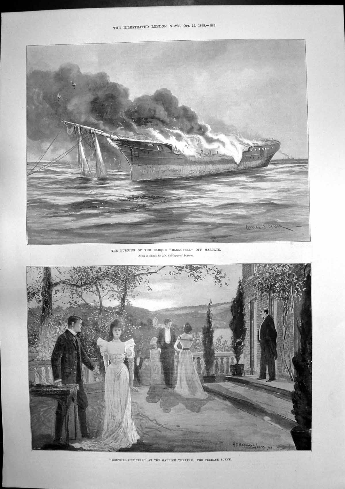 Antique Print Burning Barque Blengfell Margate Railway Disaster Wrawby1898 19th