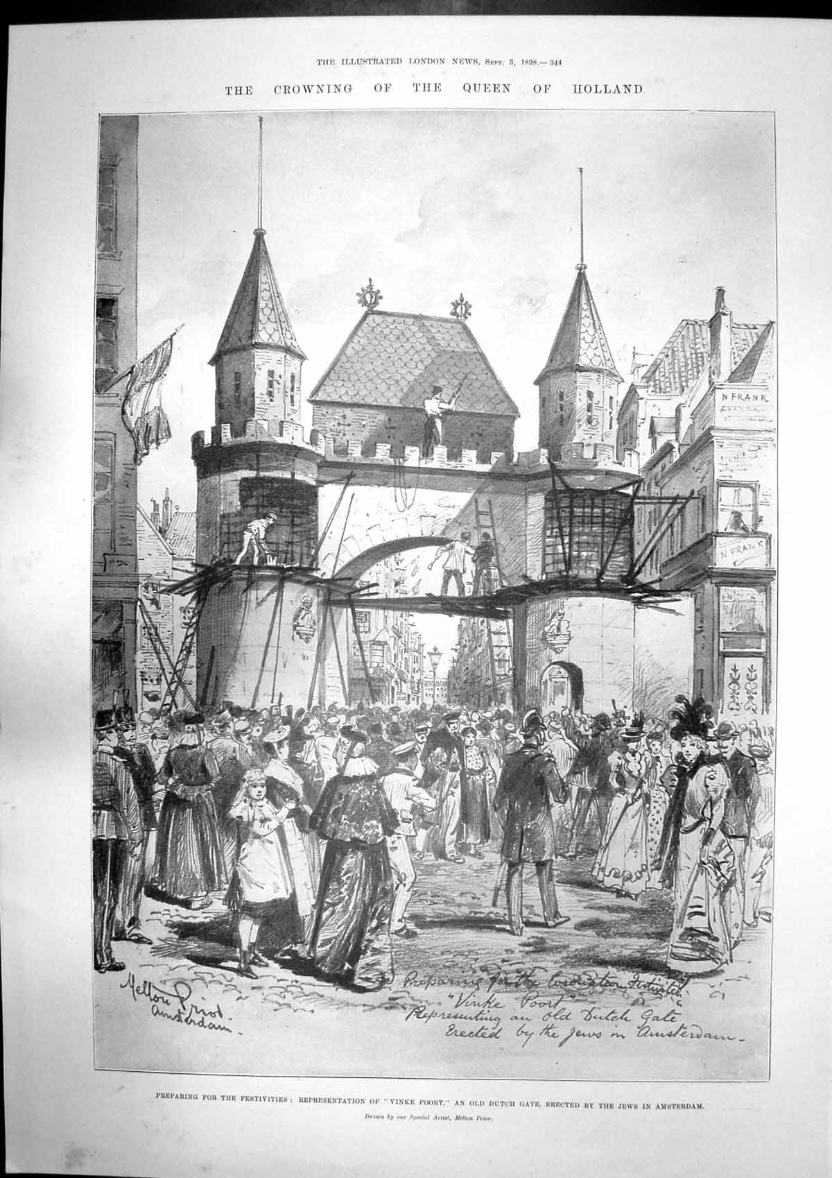 Original Old Antique Print Crowning Wilhelmina Queen Holland Cradle Throne 1898