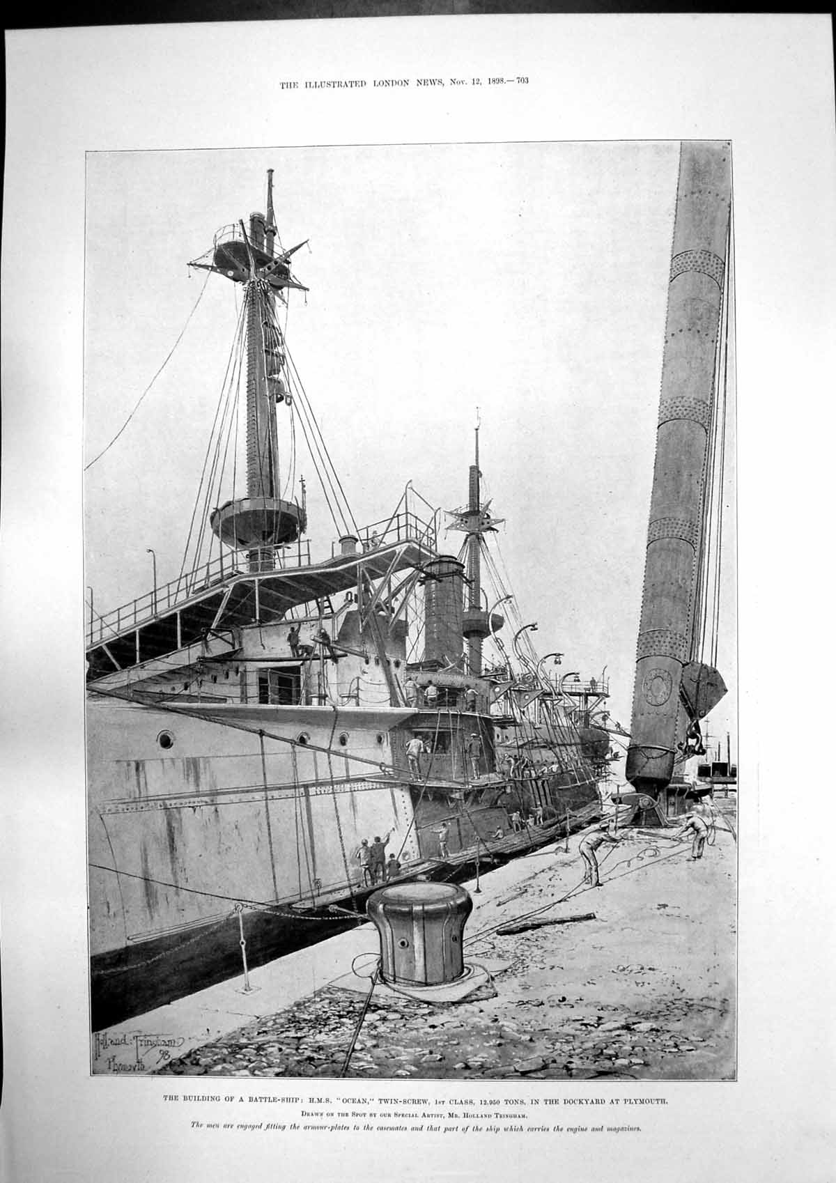 Antique Old Print Building Hms Ocean Plymouth Colours Cameron Highlanders1898