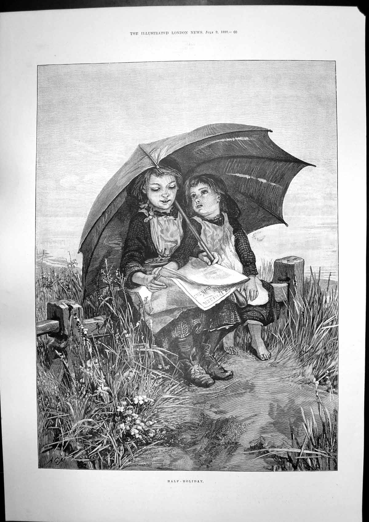 Antique Old Print Half Holiday Children Prince Wales Gordon Highlander 1898
