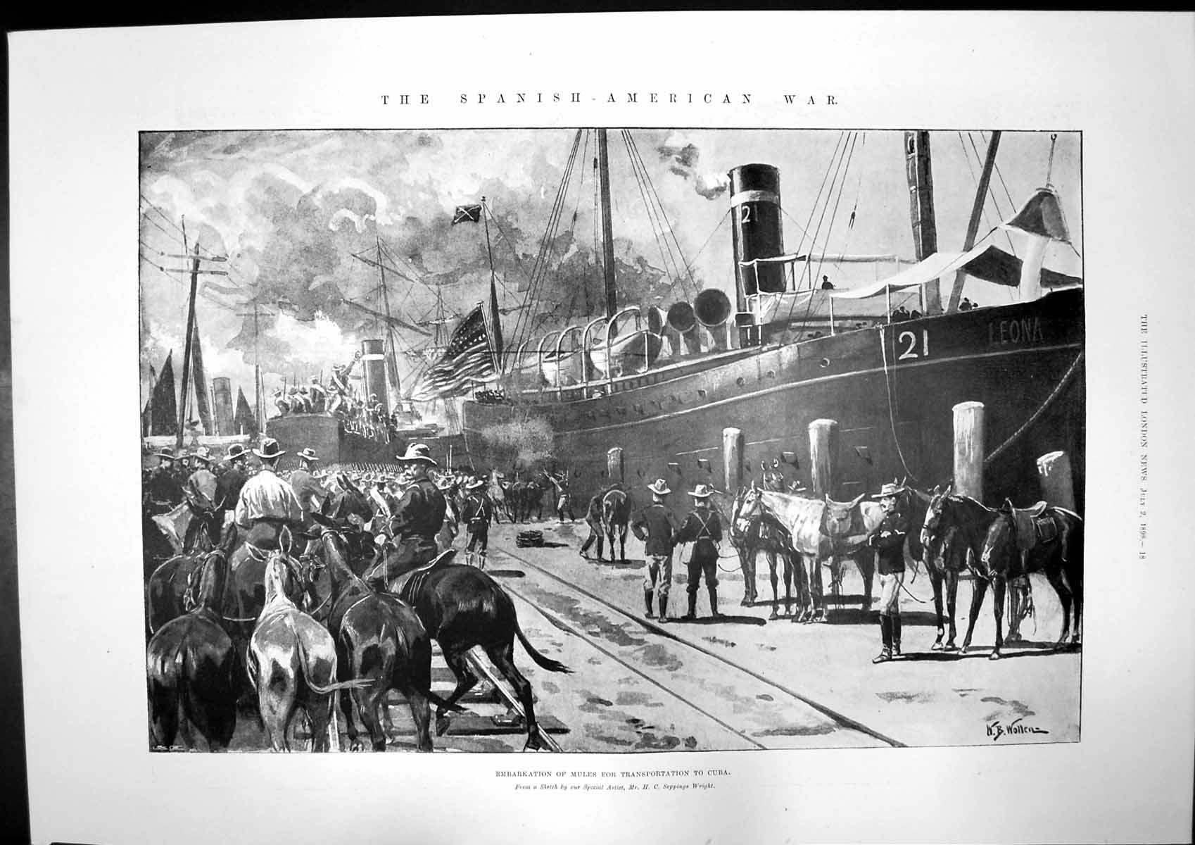 Antique Old Print Spanish American War Mules Cuba Troop Ship Berkshire 1898