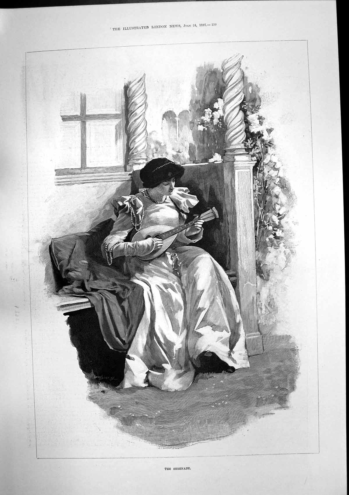 Old Antique Print Serenade Woman Banjo Man His Work Morley Roberts 1897 19th