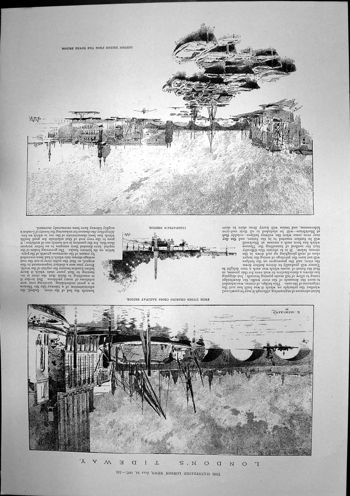 Antique Print Londons Tideway Cleopatras Needle London Bridge St Pauls 1897