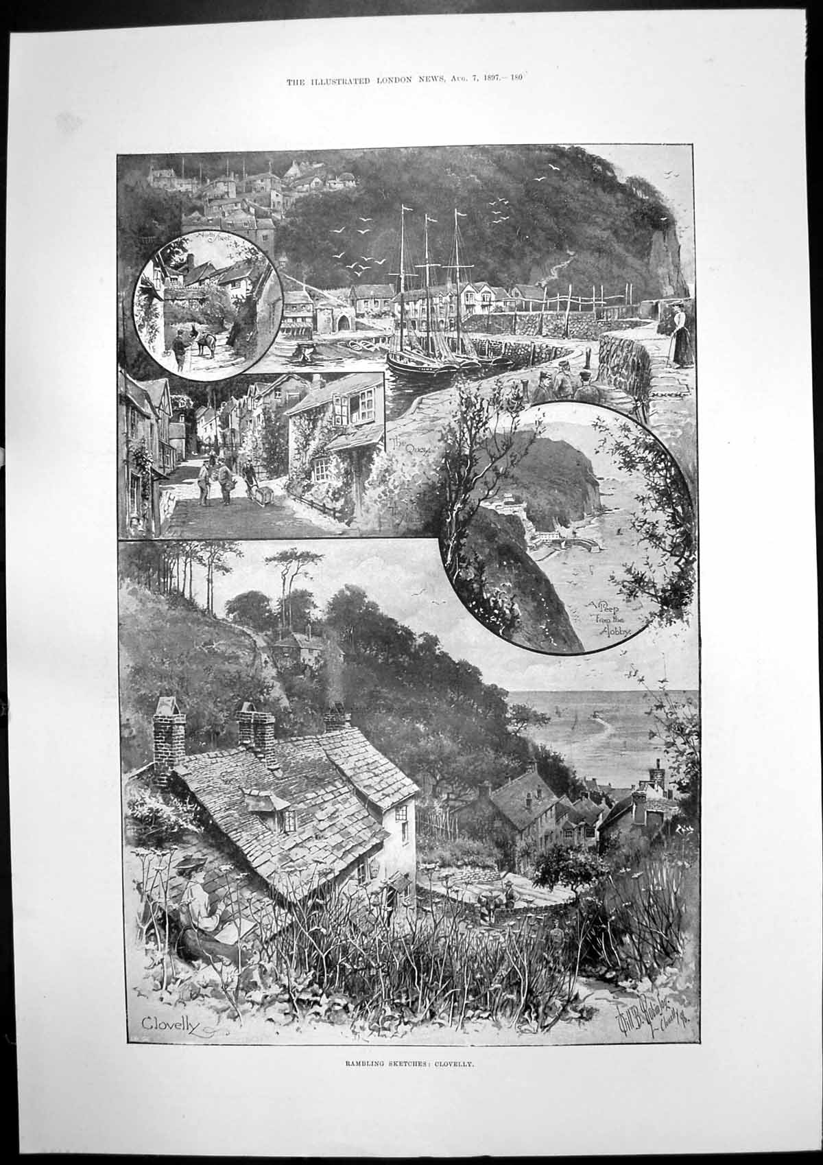 Antique Old Print Clovelly Harbour Quay North Street Man Daughter Nantes 1897