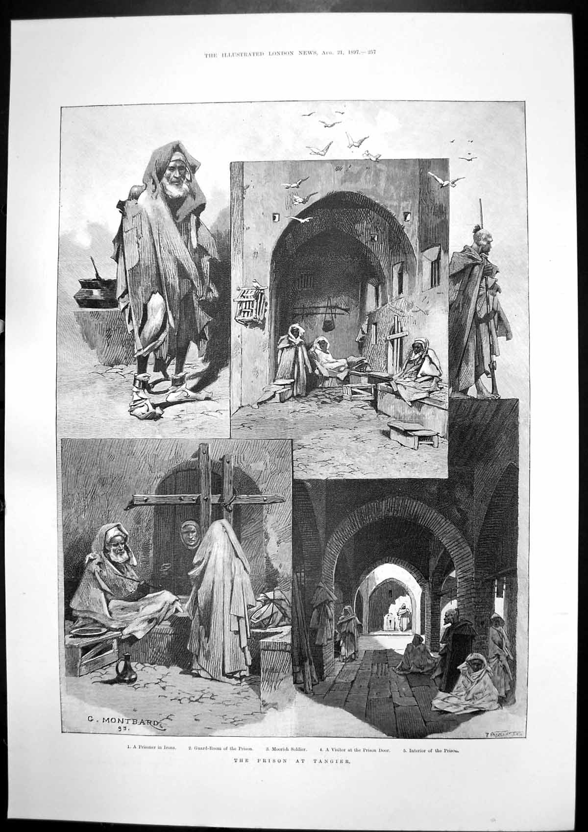 Antique Old Print Prison Tangier Prisoner Irons Guard Room Moorish Sier 1897