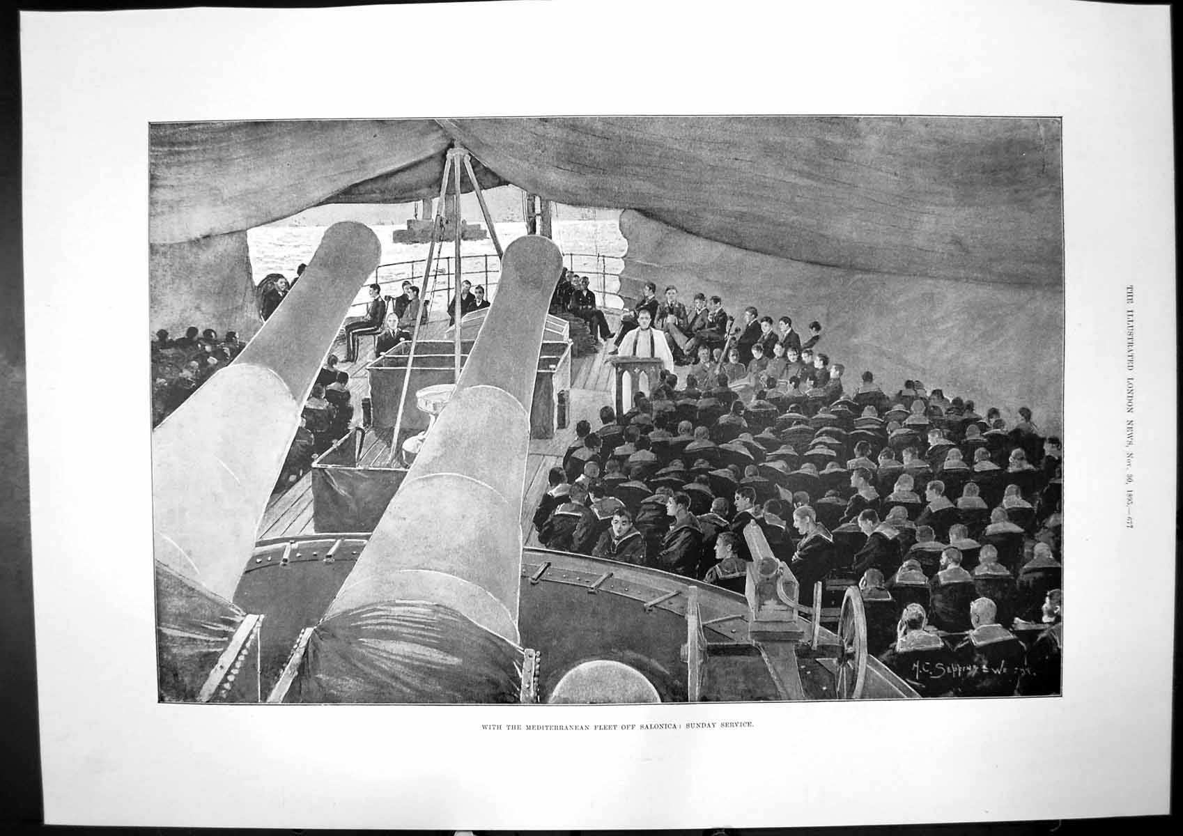 Antique Old Print Mediterranean Fleet Saloica Sunday Service New Blouses 1895