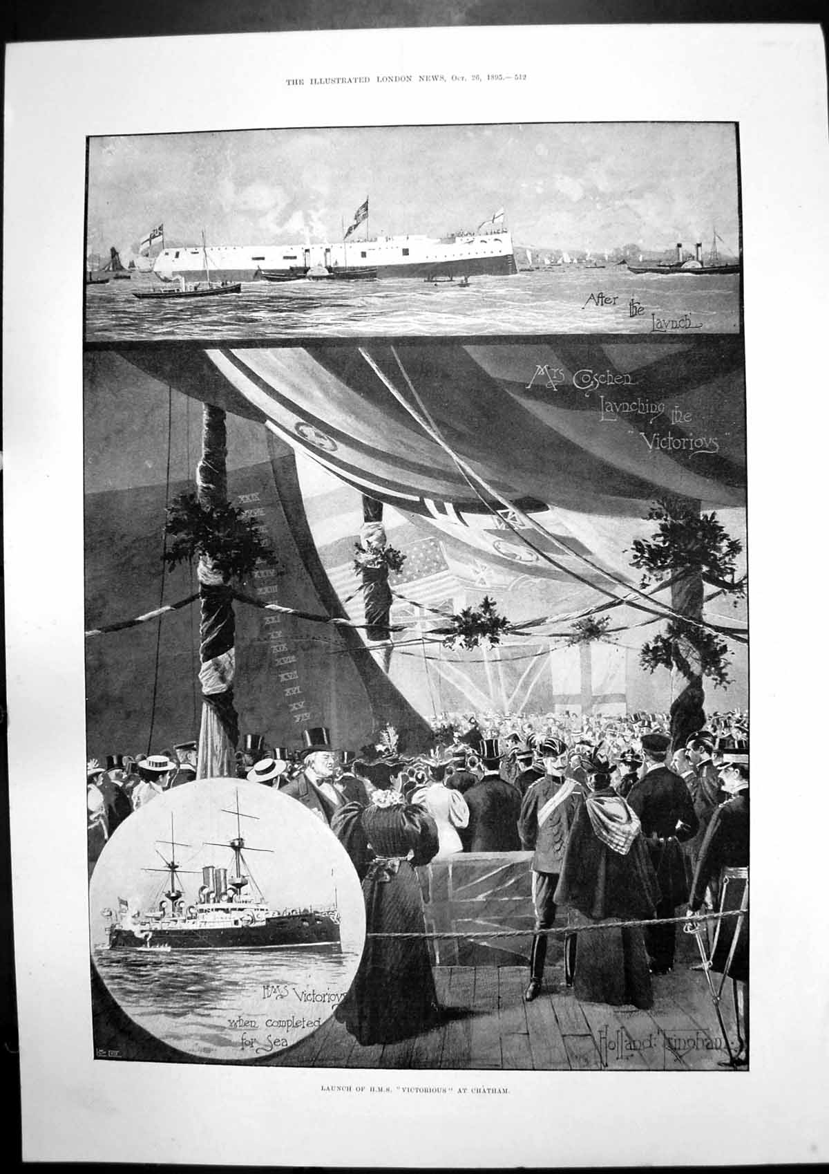 Antique Old Print Launch Hms Victorious Chatham Monument Adm Korniloff 1895