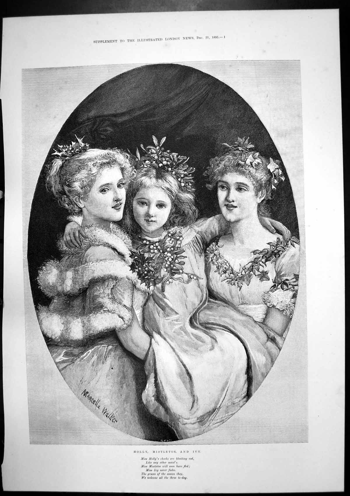 Antique Print Holly Mistletoe Ivy M Walker Christmas Day Battle Field 1895 19th