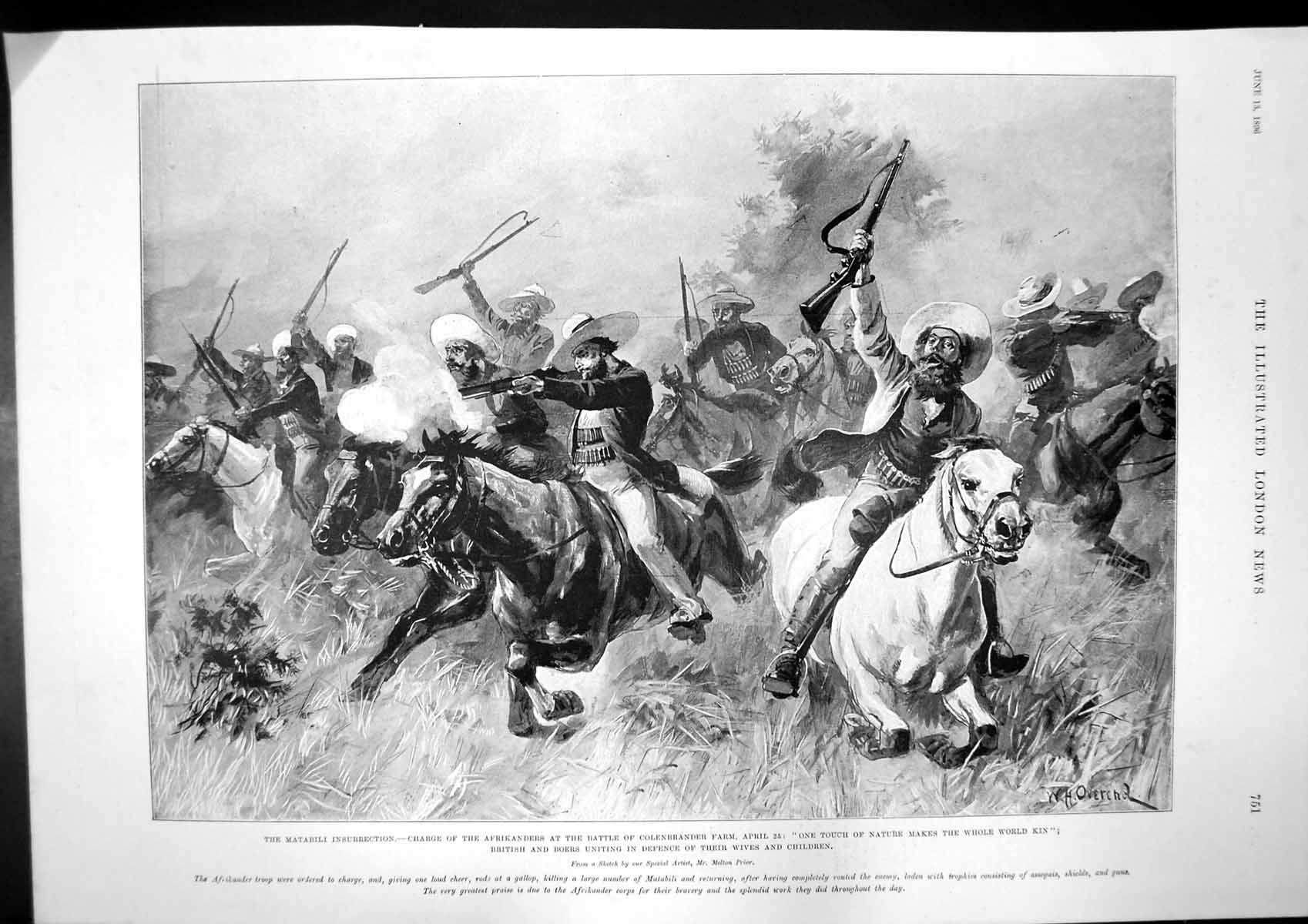 Old Antique Print Charge Afrikanders Battle Colenbrander Mrs Walford 1896 19th