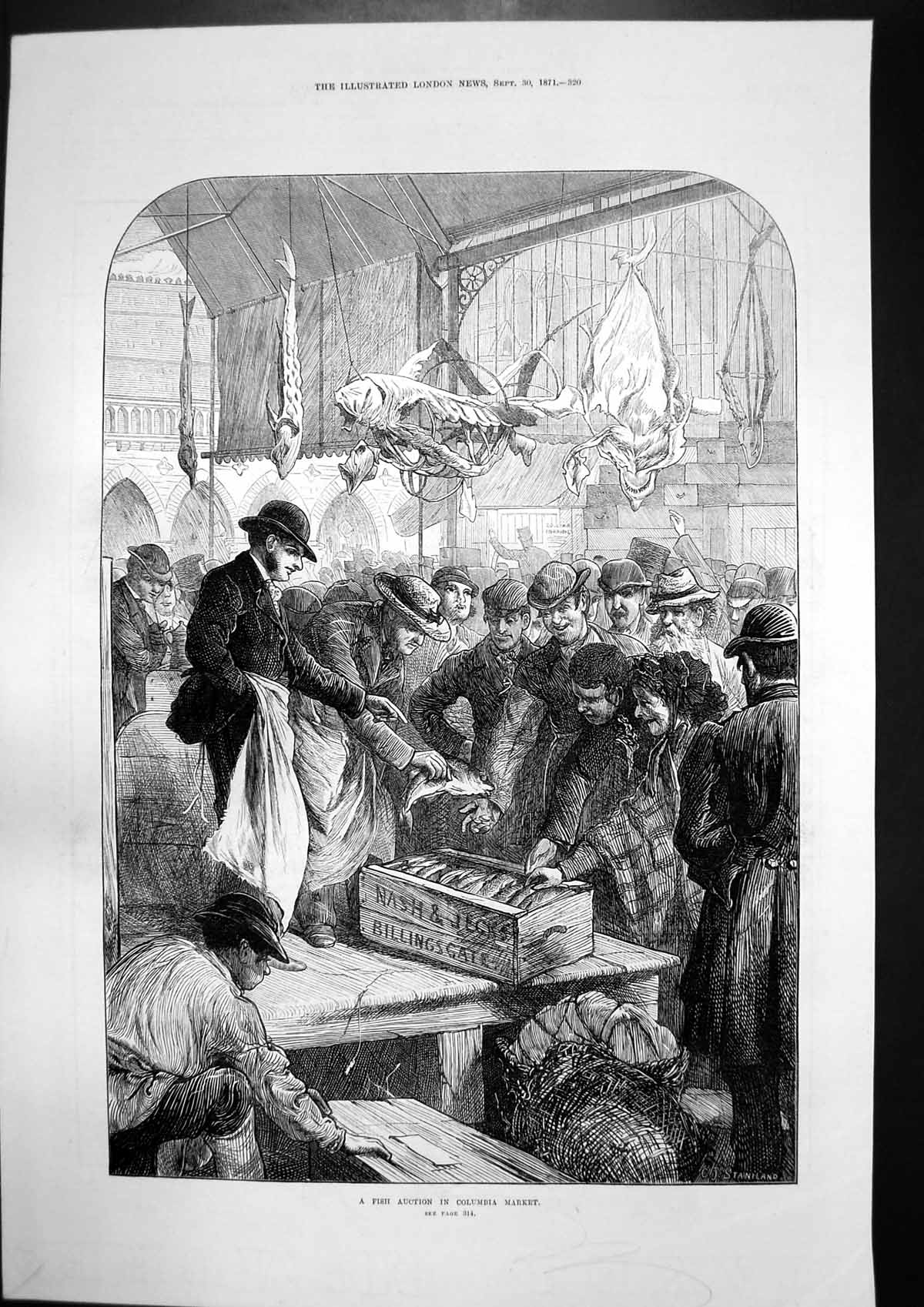 Antique Old Print Fish Auction Columbia Market Plan Hope Grants Trenches 1871