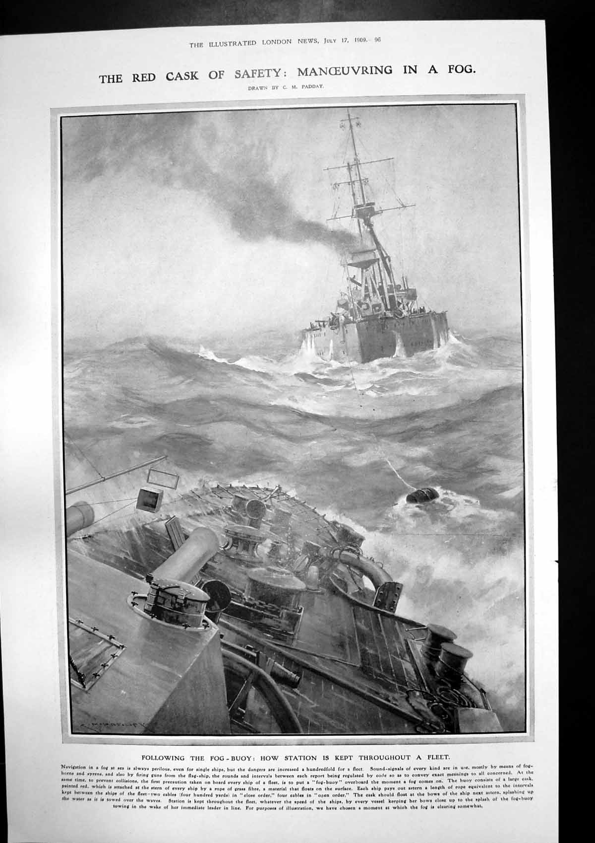 Old Print Fog Buoy War Ship Battle Practice After Turret Battle Ship 1909 20th