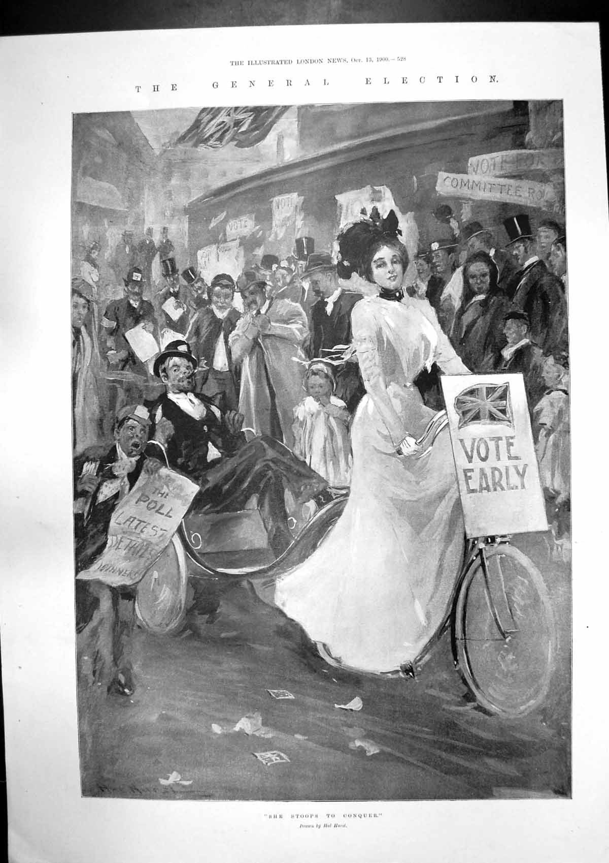 Antique Old Print General Election Stoops Conquer Posting Results Polls 1900