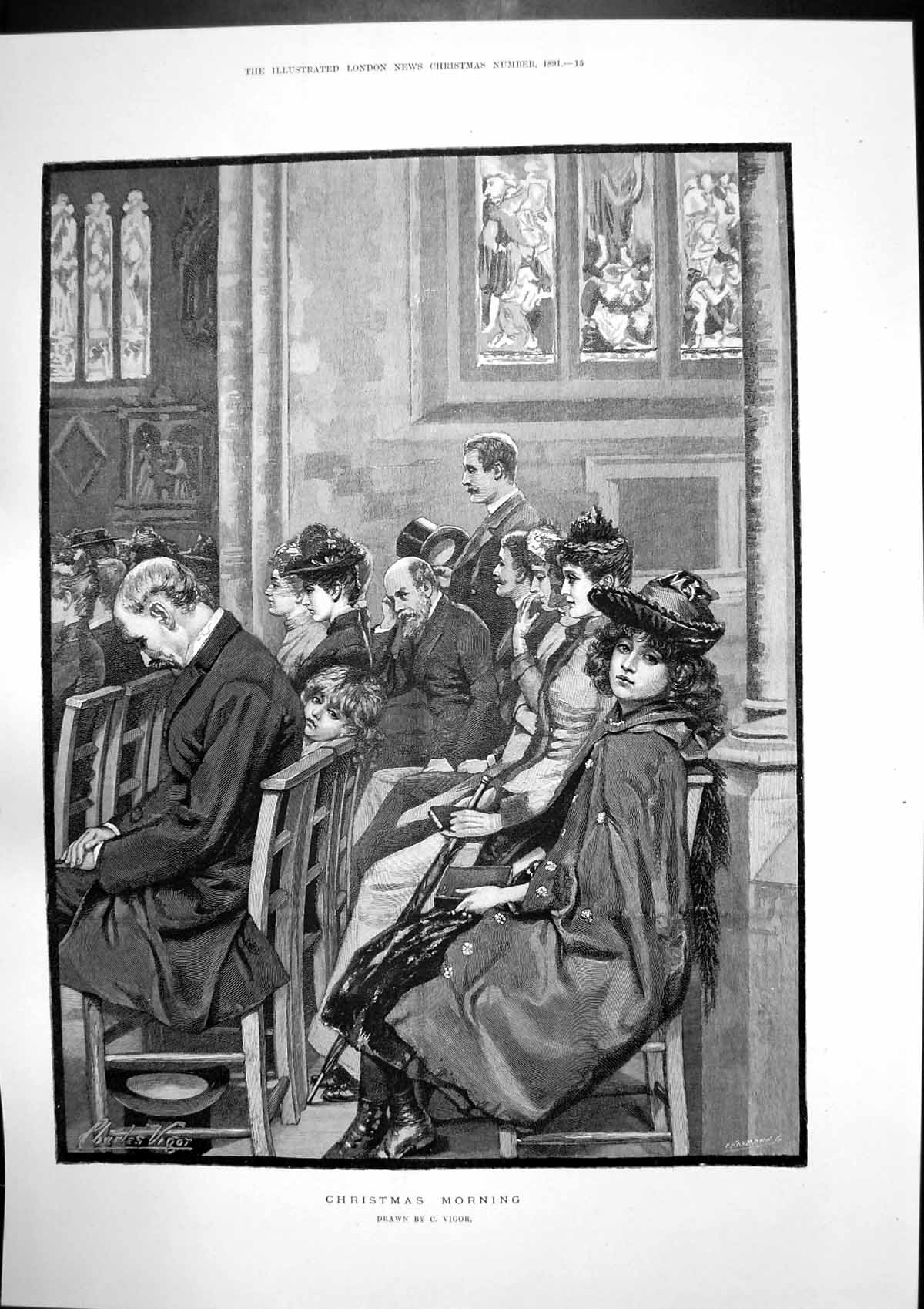 Antique Old Print Christmas Morning C Vigor Horserider Woman Child Bank 1891