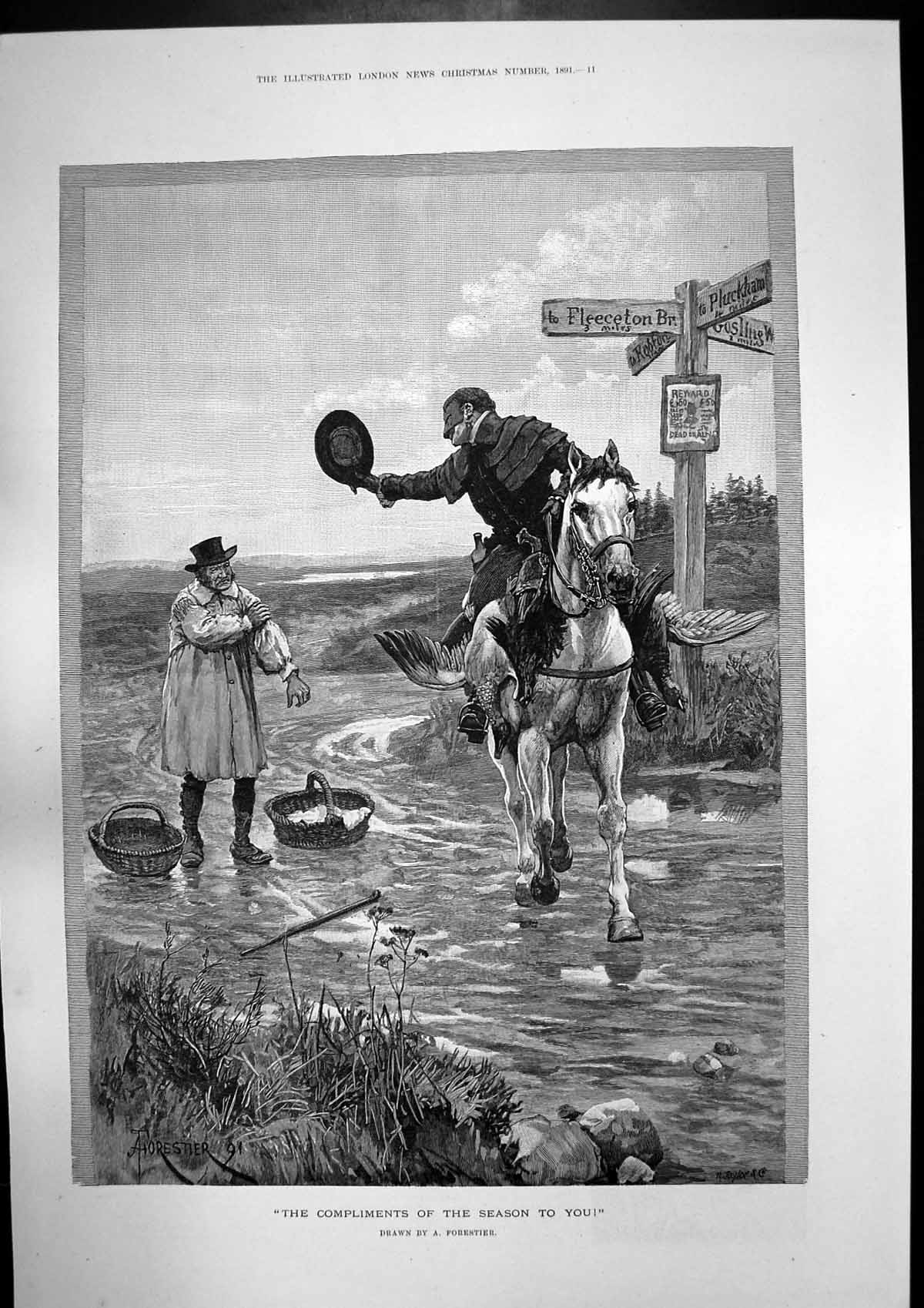 Old Antique Print Compliments Season A Forestier Haunted Dragoon Q 1891 19th