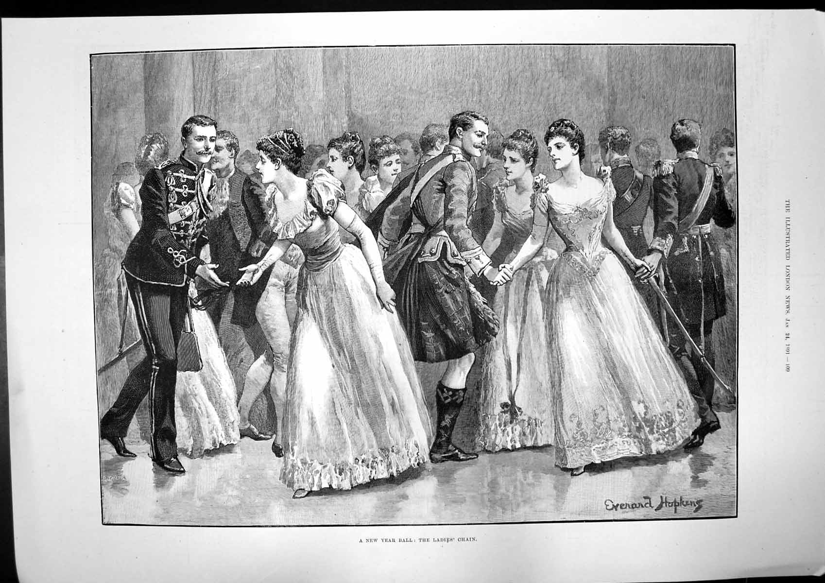 Antique Print New Year Ball Ladies Chain Across Greenland Sailing Ice 1891 19th
