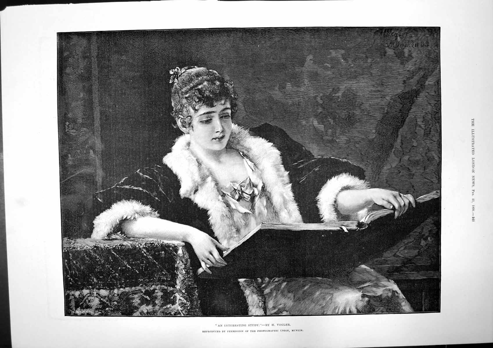Antique Old Print Interesting Study Vogler Danish Sweetheart Lady Raft 1891