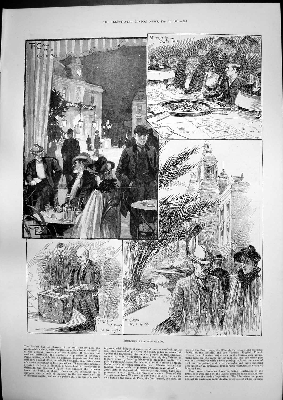 Antique Print Sketches Monte Carlo Sealing Money Casino Cafe De Paris 1891 19th