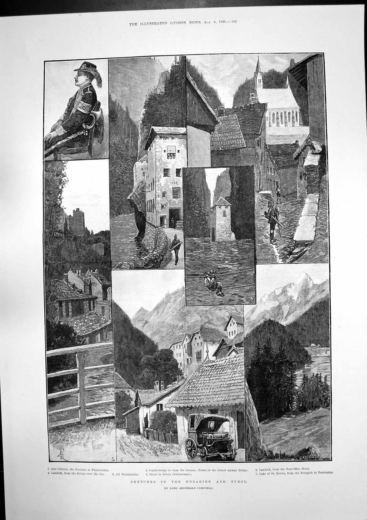 Antique Print Fishermen Positano Engadine Tyrol Lake St Moritz Landeck 1891