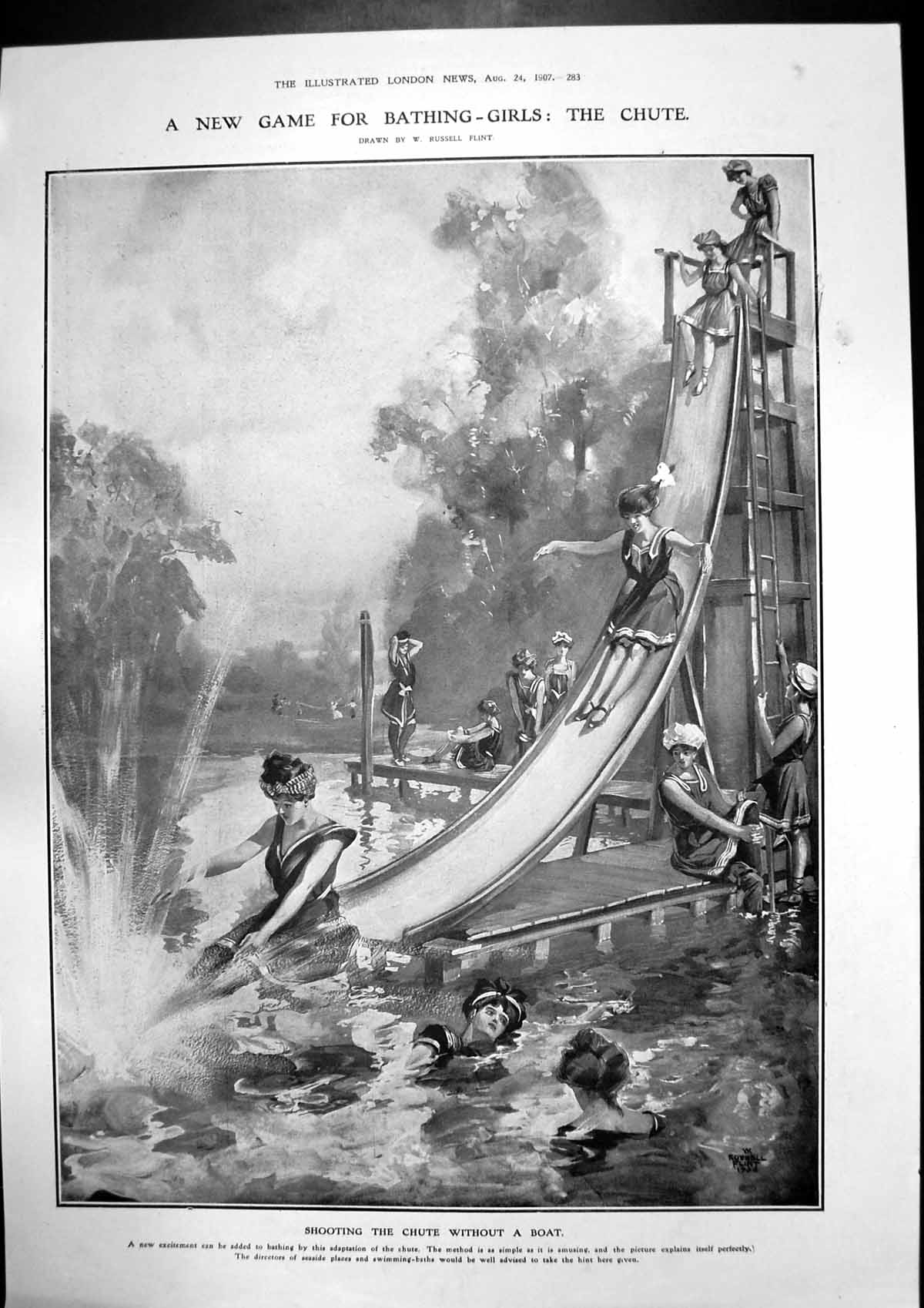 Old Print Bathing Girls Chute Prince Ferdinand Bulgaria Shipka Pass 1907 20th