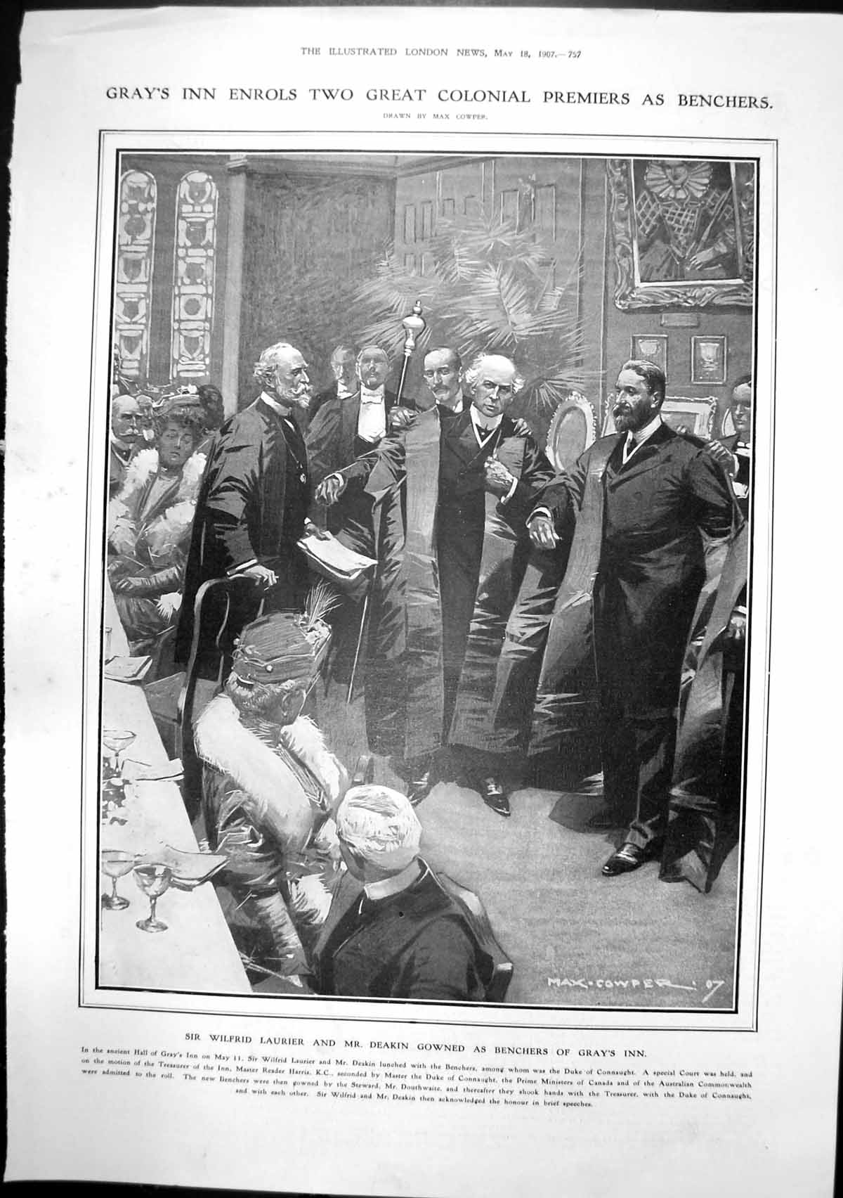 Antique Old Print Grays Inn Laurier Deakin Benchers Brewsters Millions 1907