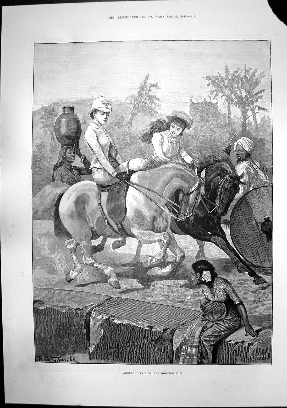Old Antique Print Anglo Indian Life Morning Ride Japanese Dwarf Tree 1891 19th