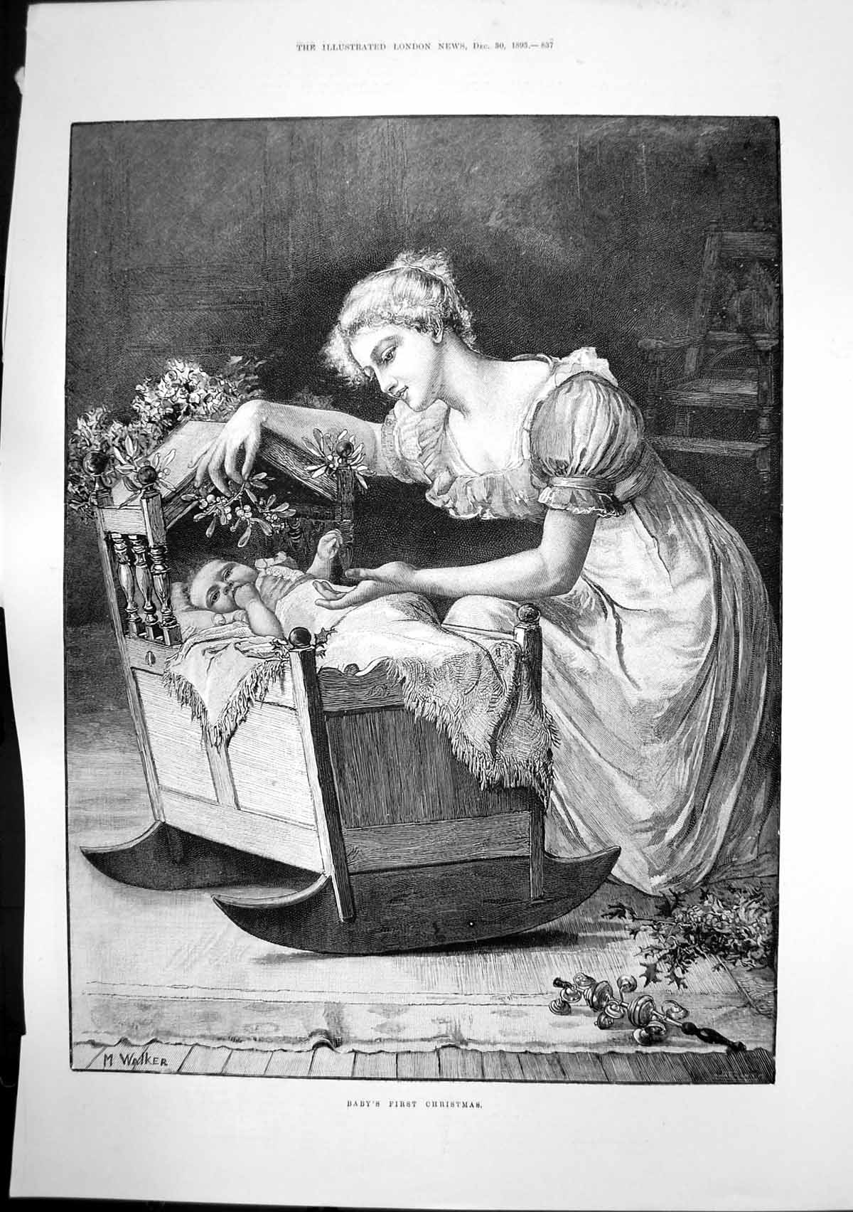 Antique Print Babys First Christmas London School Board Truant School 1893 19th
