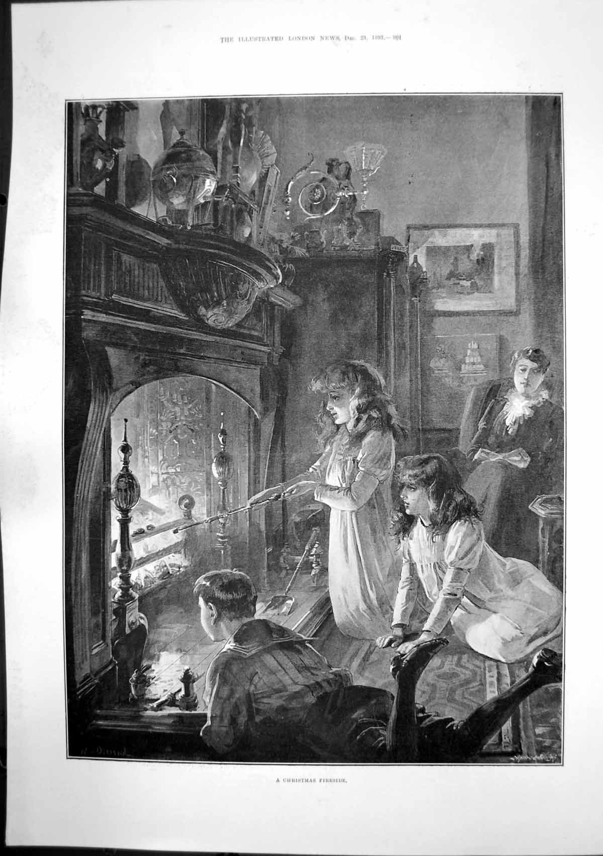 Antique Print Christmas Fireside Welsh Wedding Gift Duke Duchess York 1893 19th