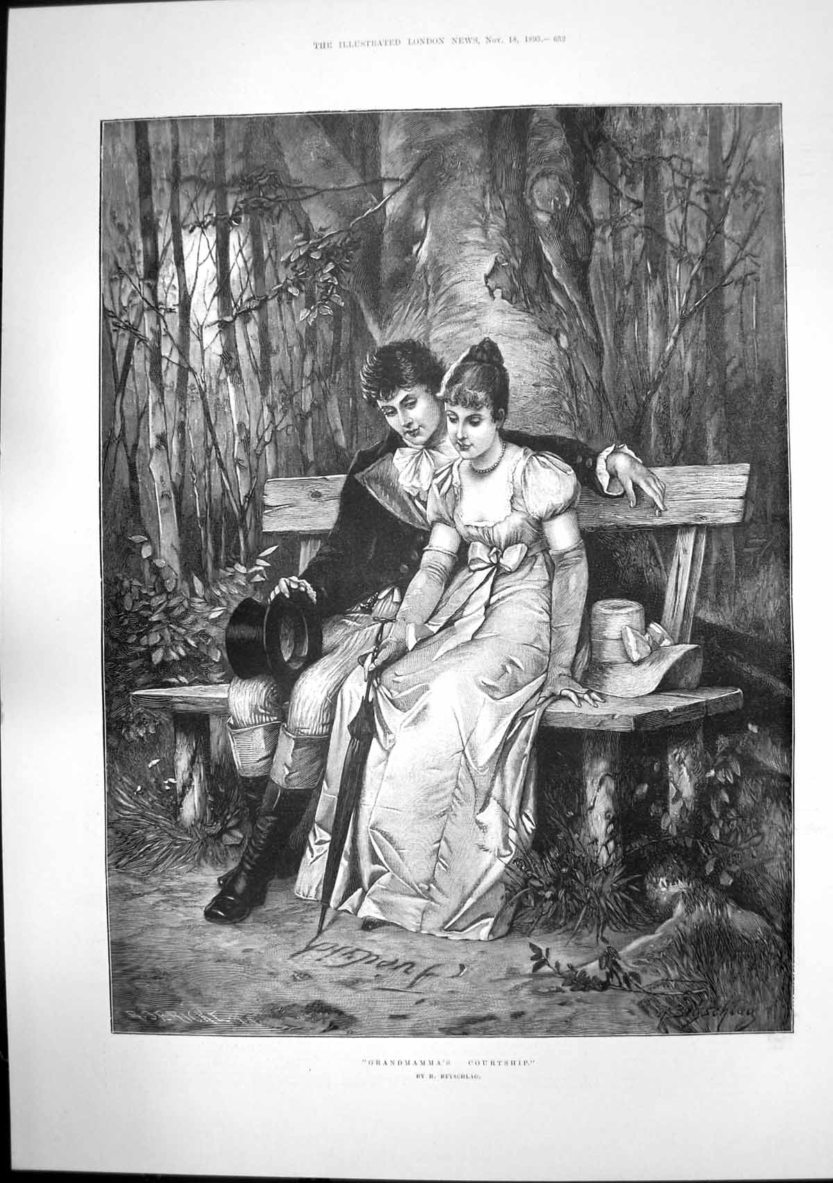 Antique Old Print Grandmammas Courtship Earl Lady Bathurst Ingram Bywater1893