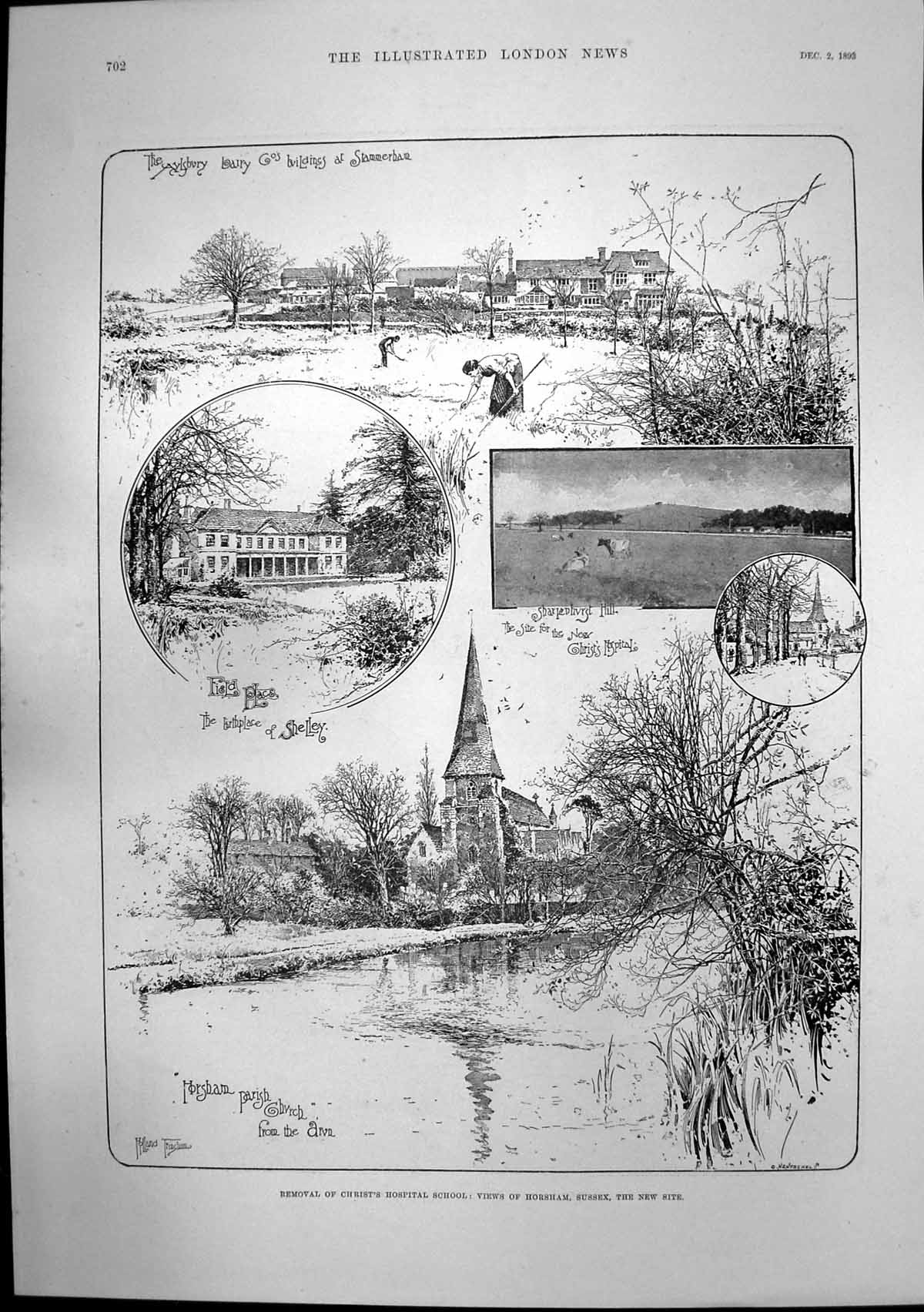 Old Antique Print Christs Hospital School Horsham Council Drumdrudge 1893 19th