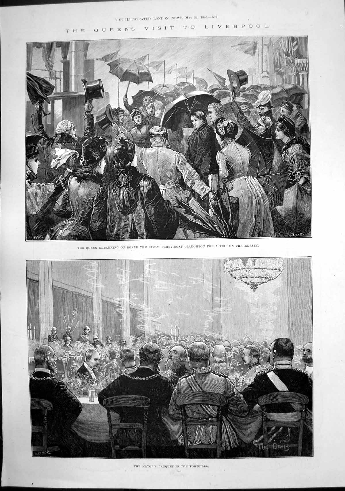 Antique Old Print Queens Visit Liverpool Mayors Banquet Ferry Claughton 1886