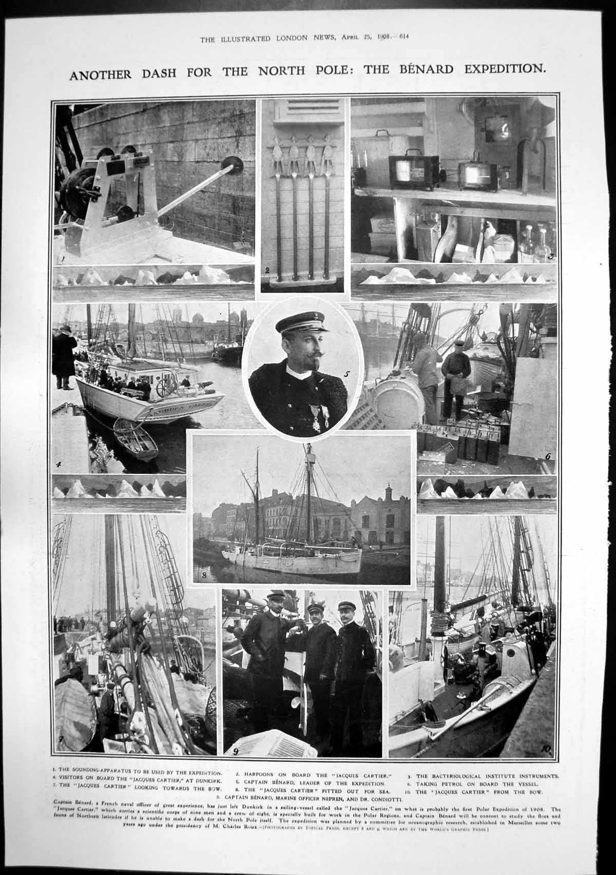 Antique Old Print Benard Expedition North Pole Jacques Cartier Ellimans 1908