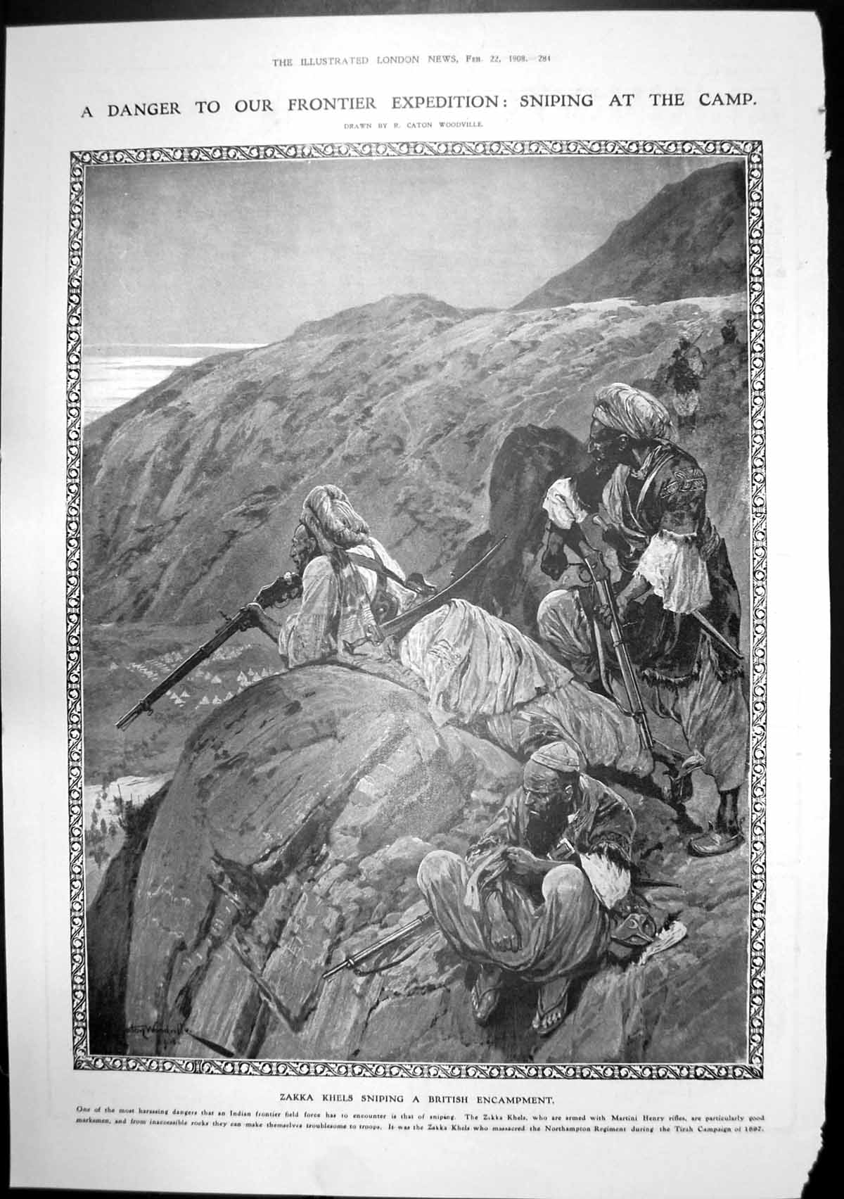 Old Print Zakka Khels Sniping British Encampment Elliman Embrocation1908 20th