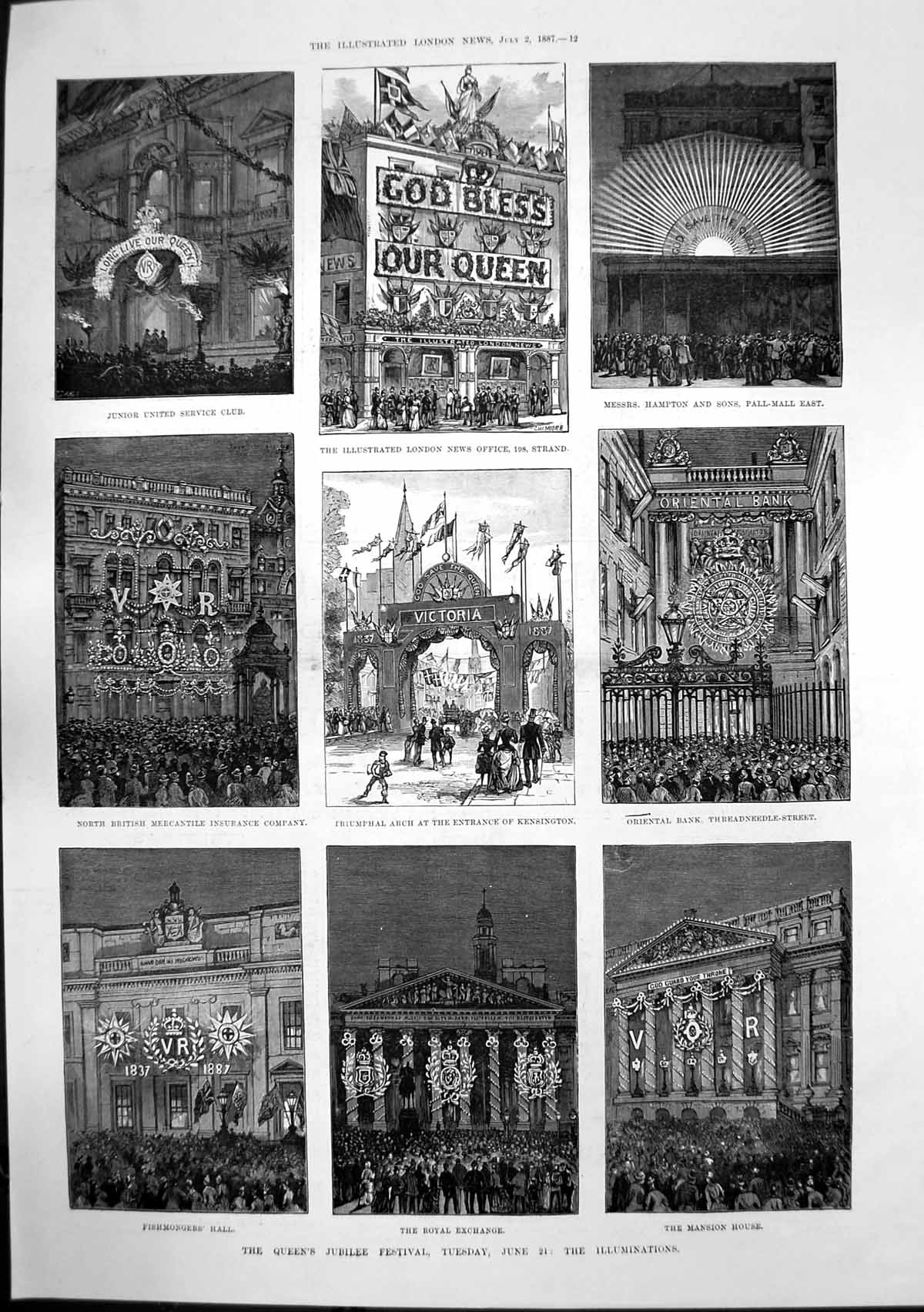 Antique Old Print Queens Jubilee Festival Illuminations Poudre D'Amour 1887
