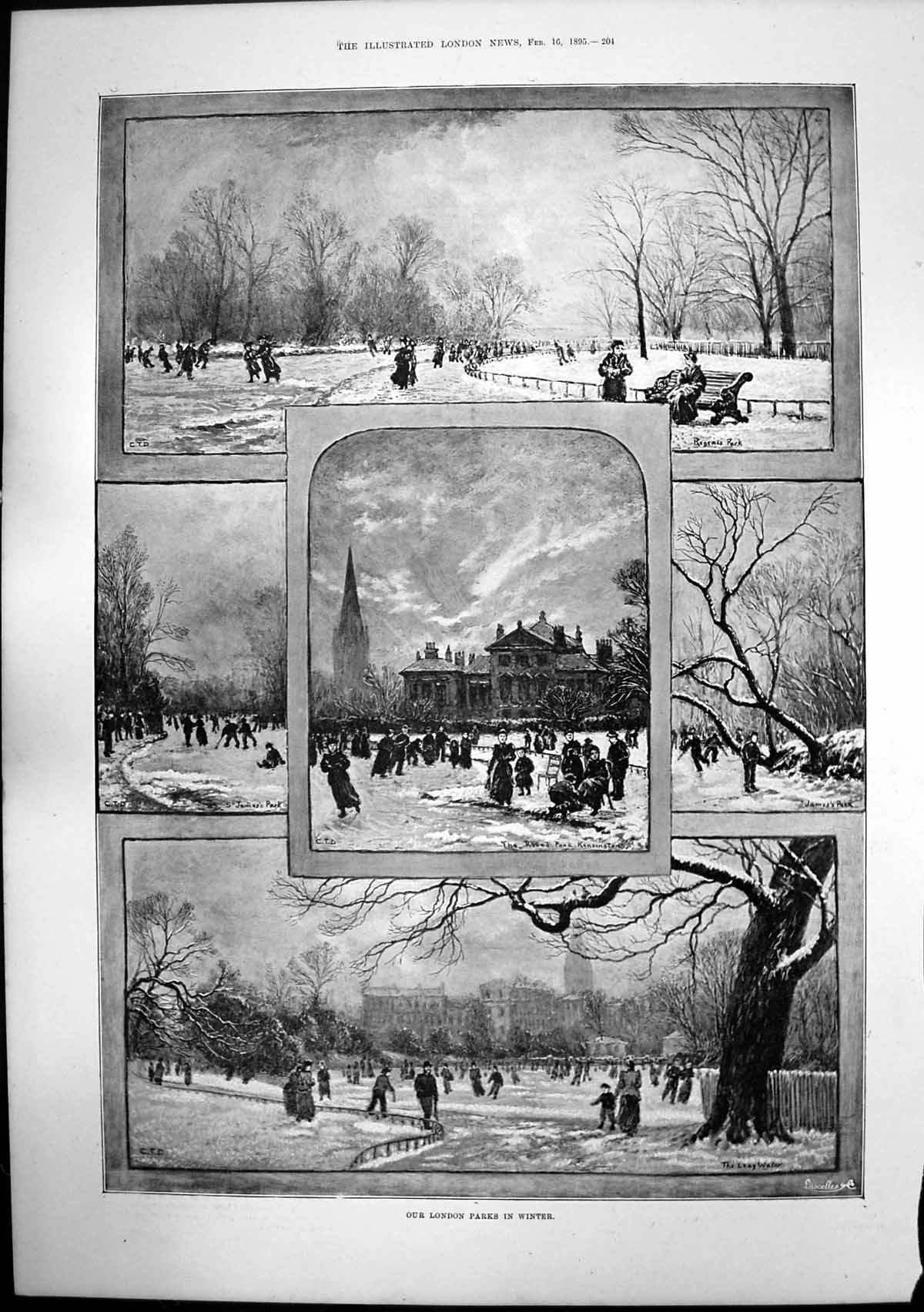 Antique Old Print London Parks Winter Regents Explosion Southwark Bridge 1895