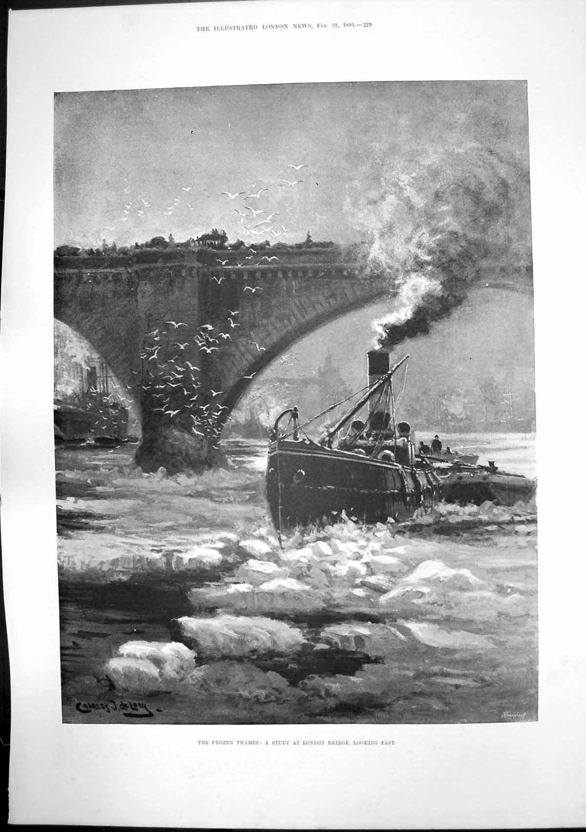 Old Antique Print Frozen Thames London Bridge Lady Stanley Alderley 1895 19th