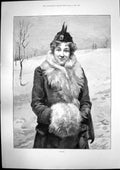 Old Antique Print Winter Lady Furs Muff Wei-Hai-Wei Eastern Entrance 1895 19th