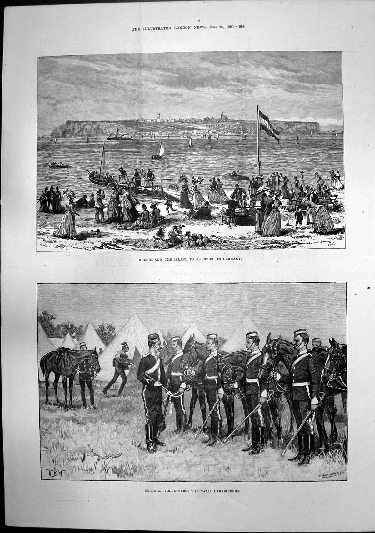 Antique Old Print Heligoland Map Natal Carabineers Designs Great Tower 1890