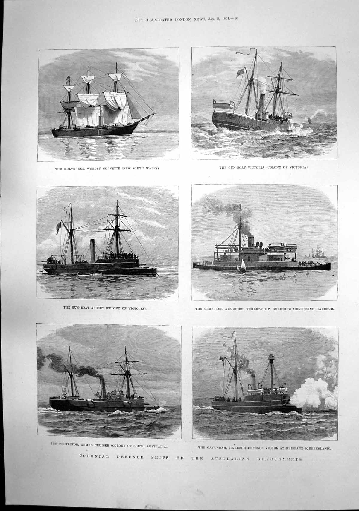 Old Print Pictorial Proverbs Australian Defence Ships Cerebrus Albert1891 19th