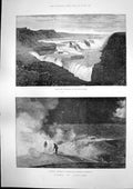Old Antique Print Iceland Gull Foss Waterfall Boiling Mud Krisuvik 1891 19th