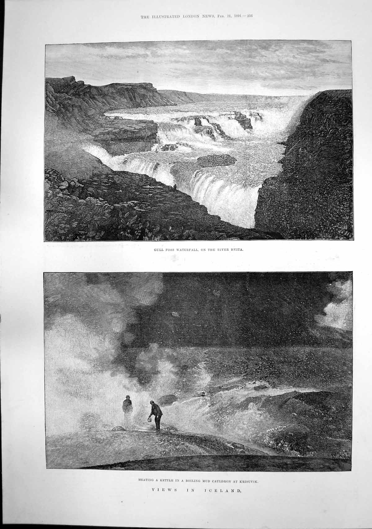 Old Antique Print Iceland Gull Foss Waterfall Boiling Mud Krisuvik 1891 19th