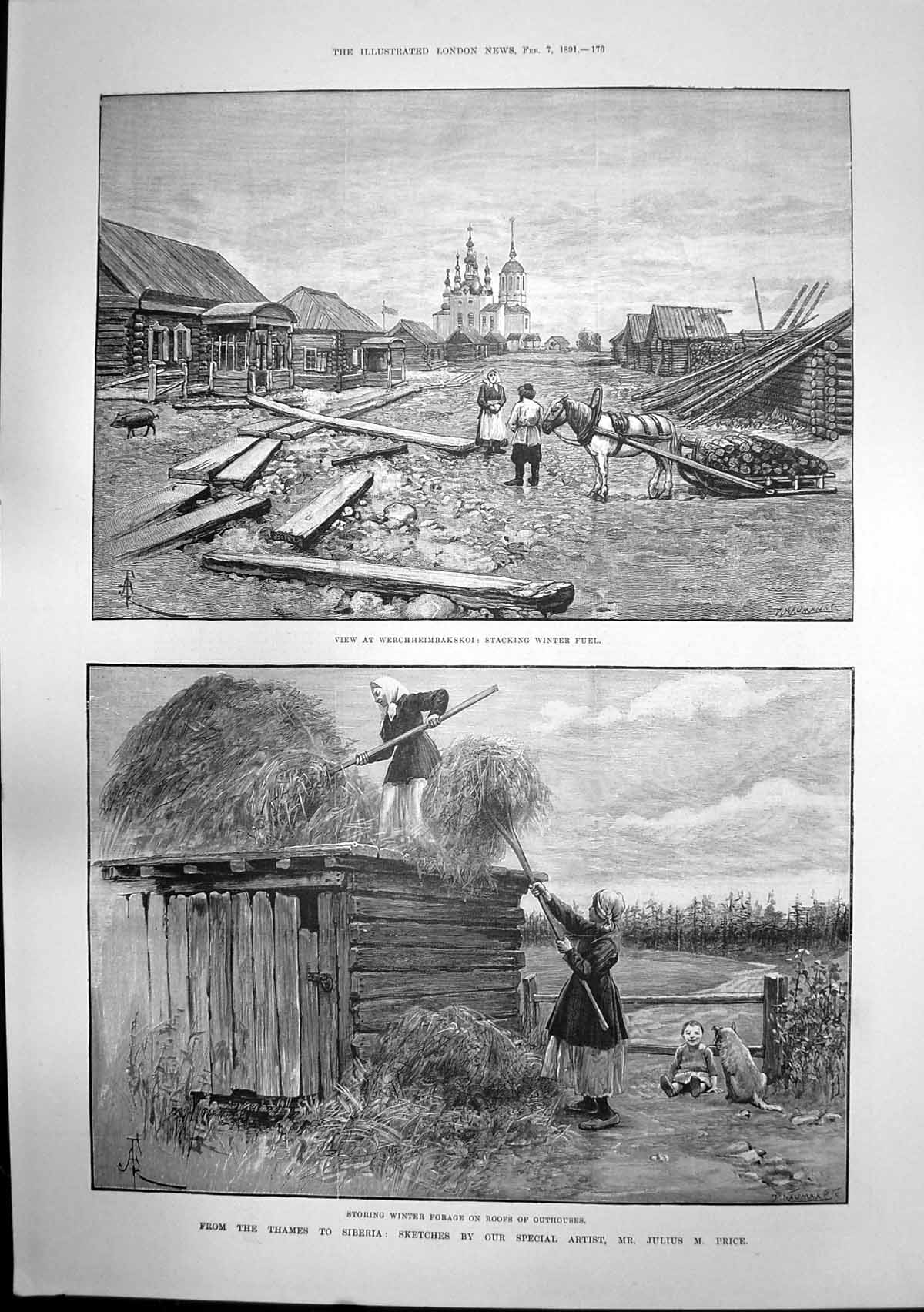 Old Siberia Winter Forage Fuel Village Monastykir Yenisei River 1891 Victorian