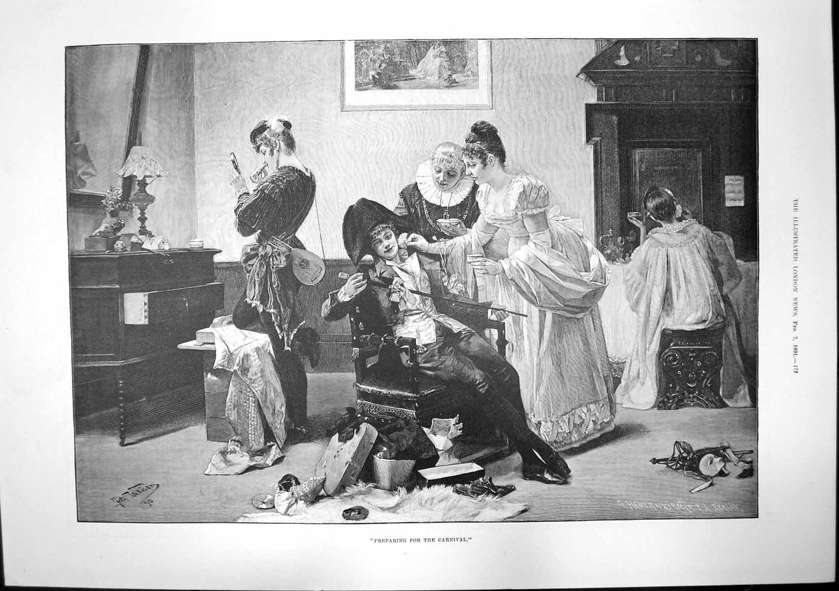 Antique Old Print Preparing Carnival Smoking Room Oxford Union Society 1891