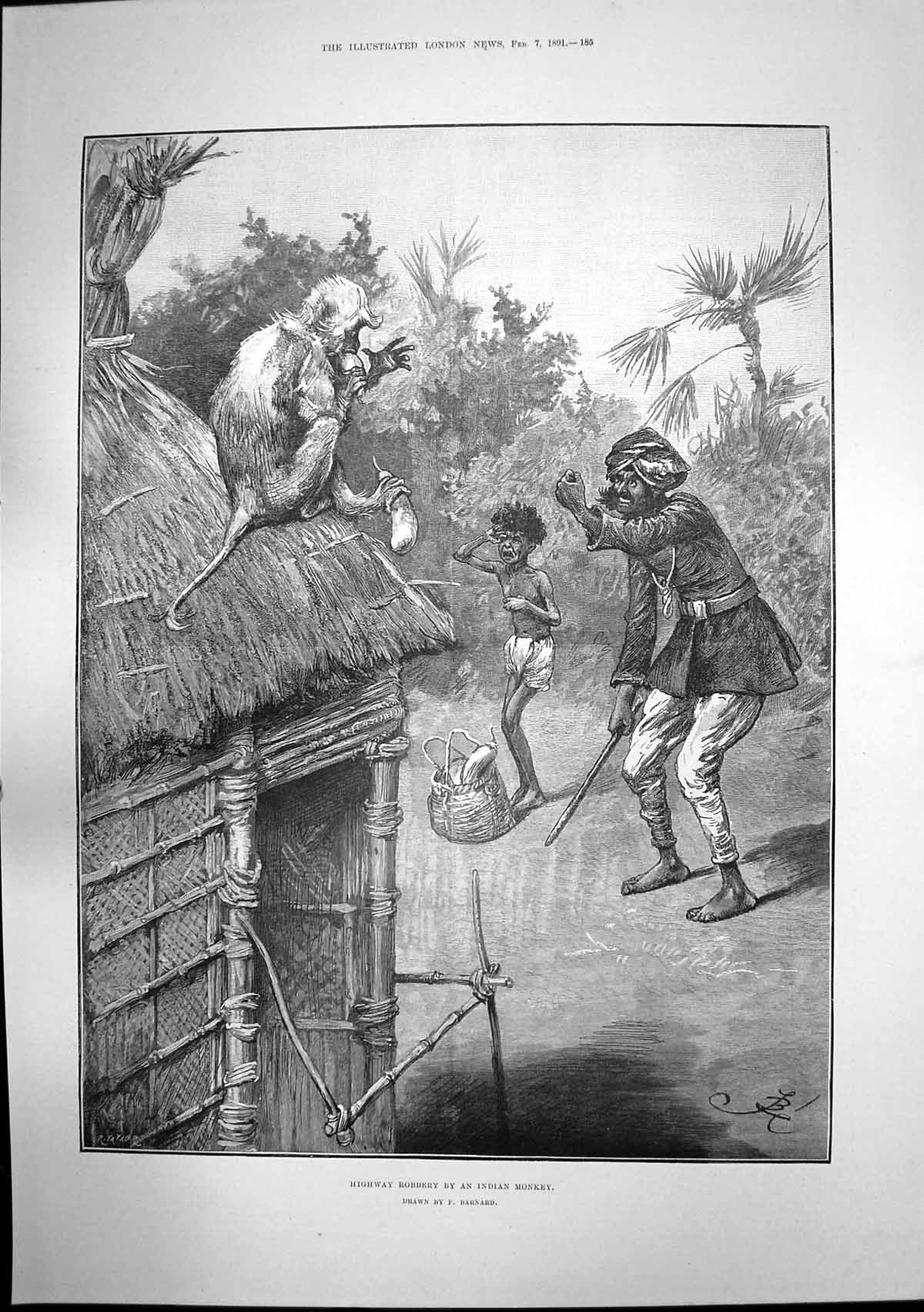 Antique Old Print Highway Robbery Indian Monkey Lecture Hall Queensbury 1891