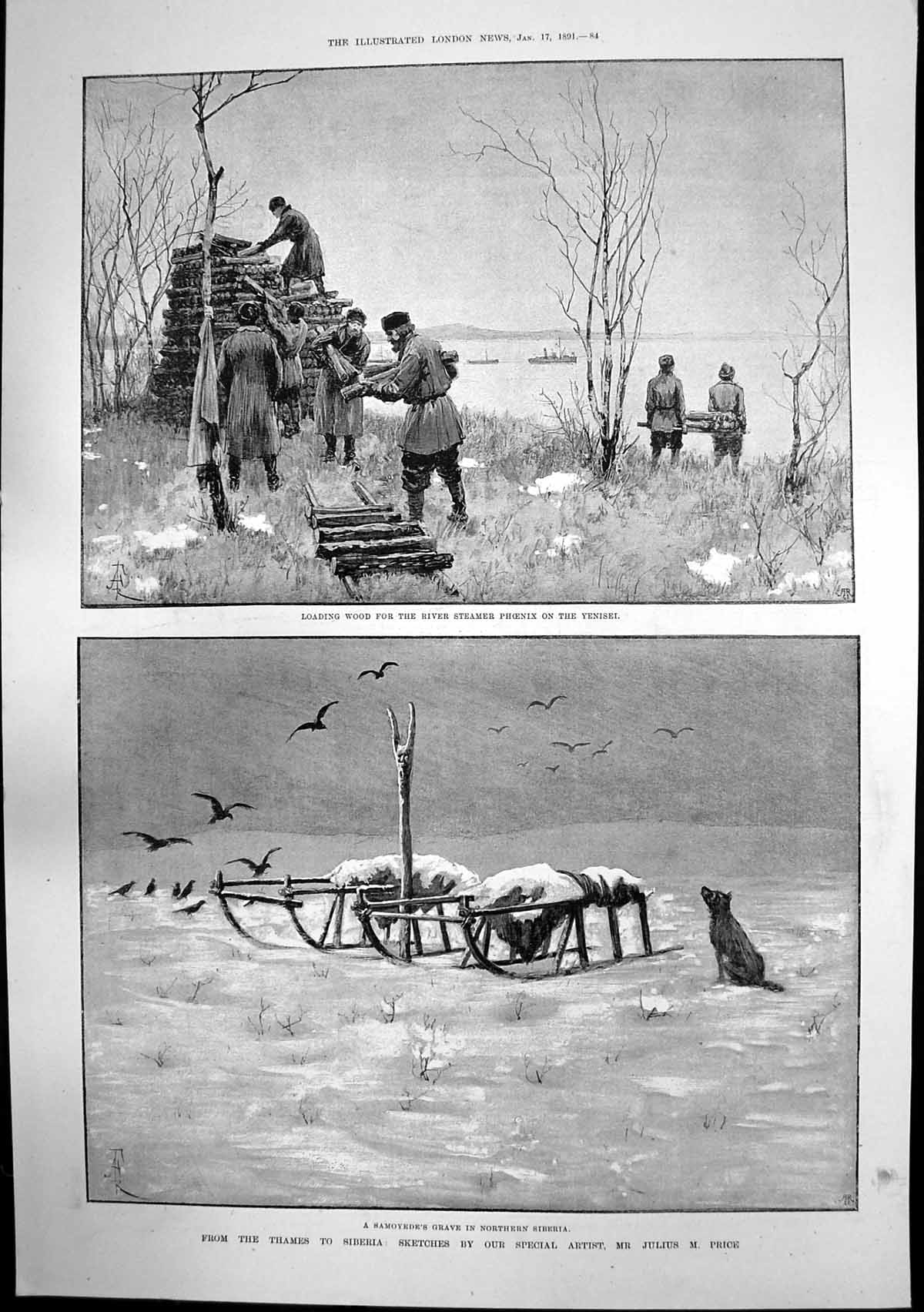 Old Print Siberia Sketches Julius Price Loading Wood Village Priest 1891 19th