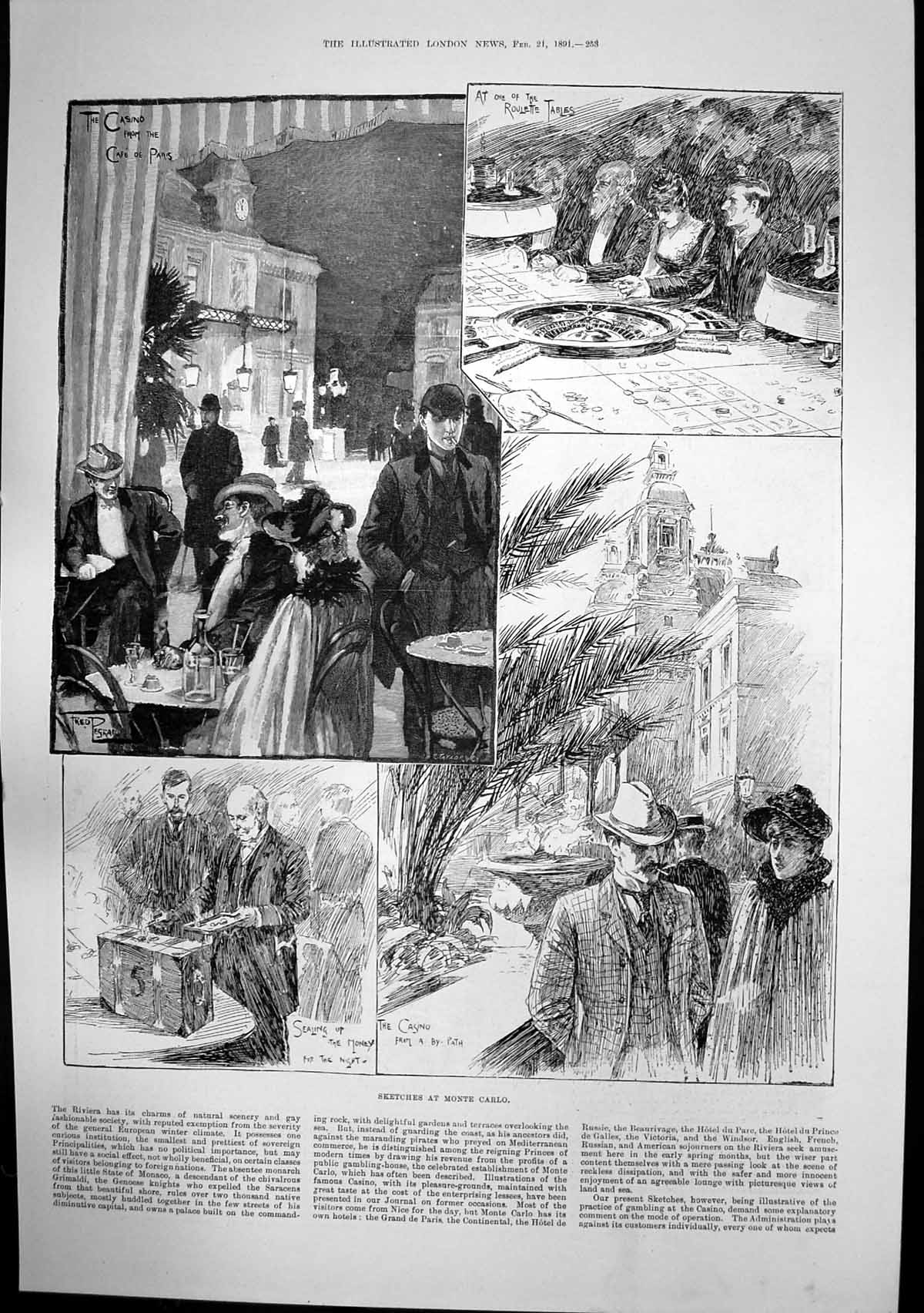 Old Antique Print Sketches Monte Carlo Terrace Roulette Casino Money 1891 19th