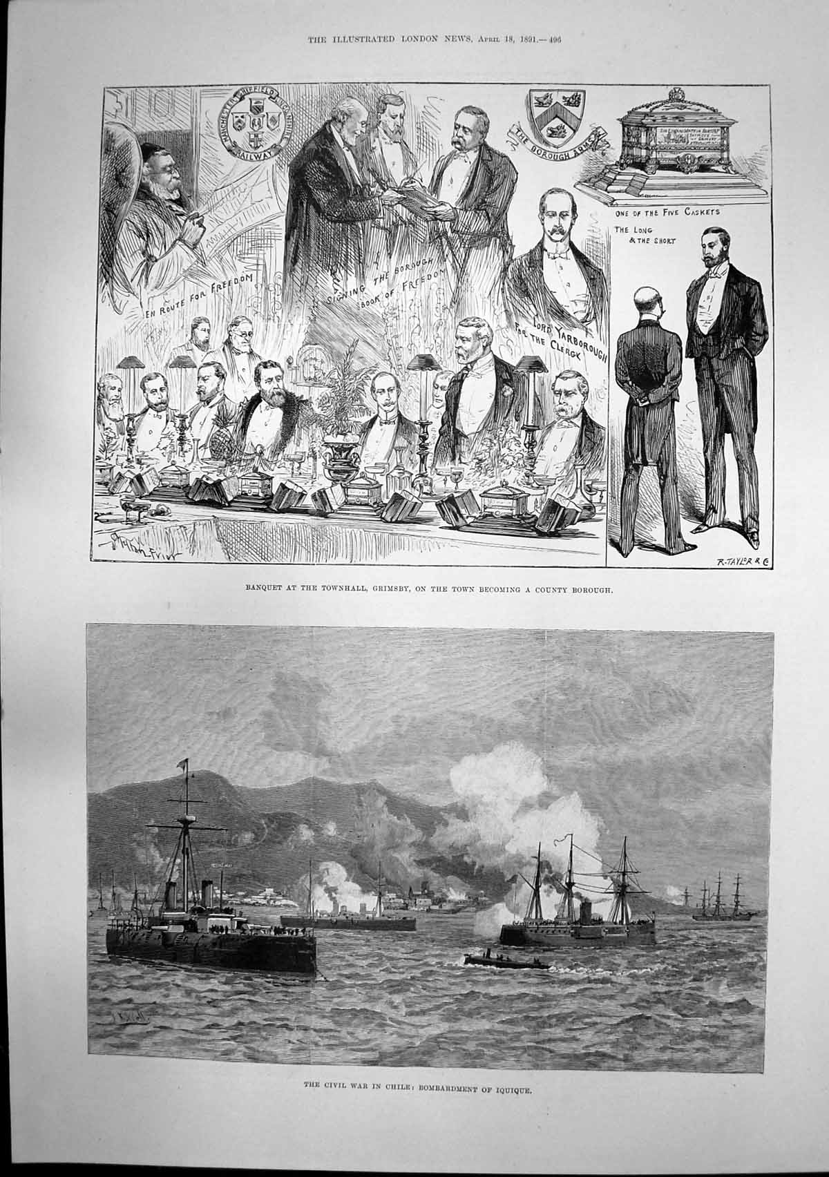 Original Old Antique Print Bombardment Iquique Chile Banquet Grimsby Mayor 1891