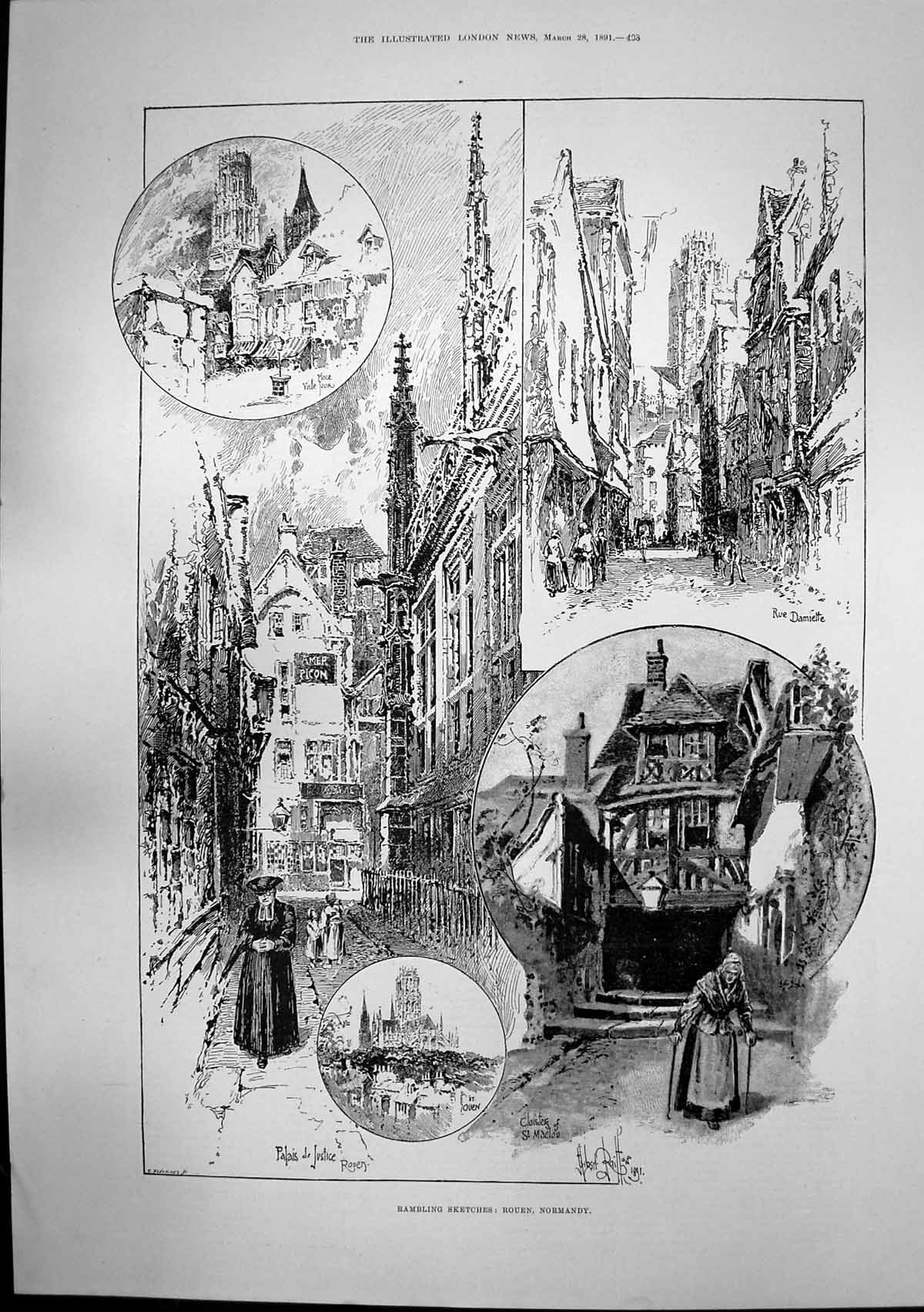 Antique Print Rouen Normandy Palais De Justice St Ouen George Morland 1891 19th