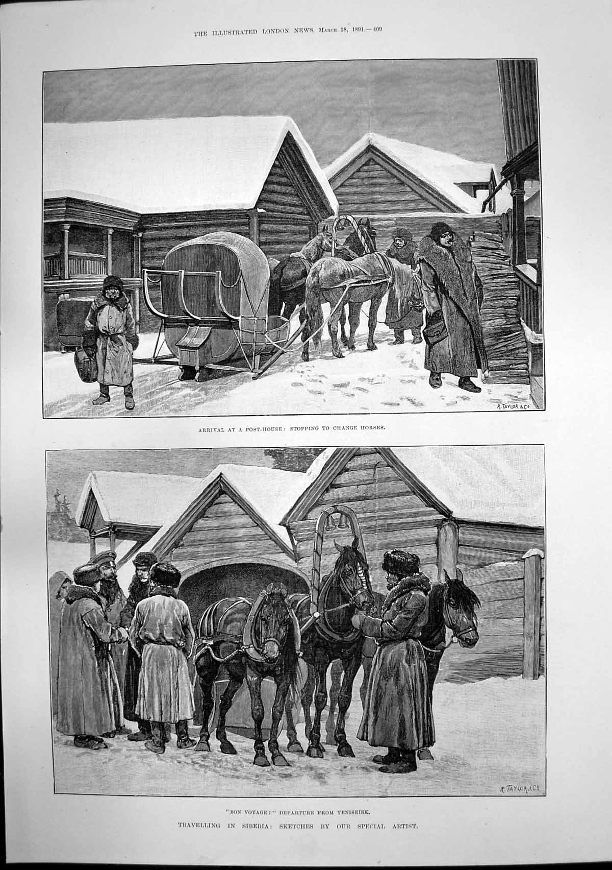 Antique Print Travelling Siberia Post House Change Horses Caran D'Ache 1891